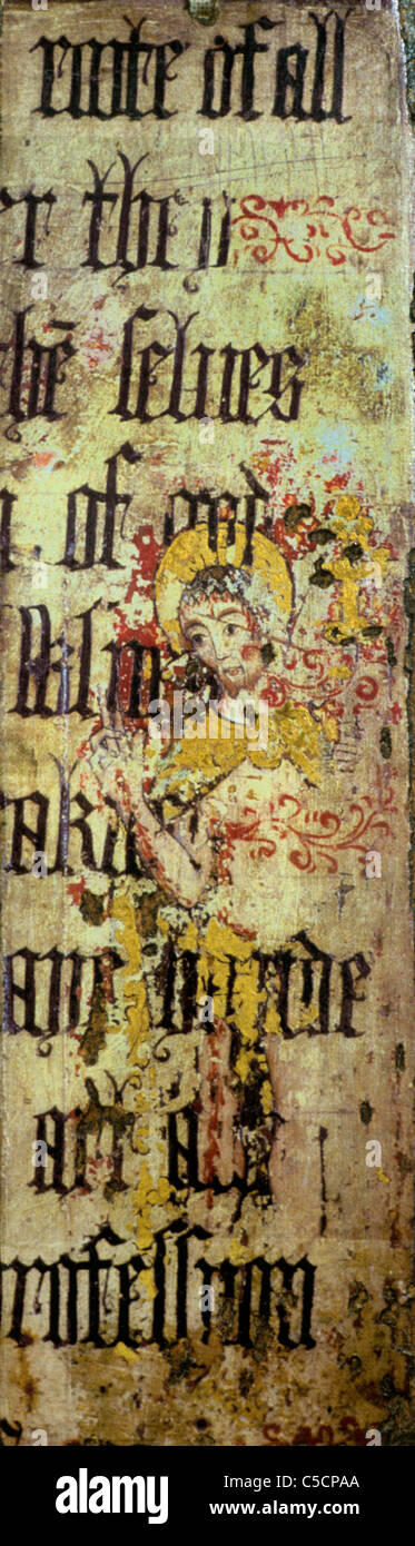 Binham Priory, Norfolk, rood screen, il Cristo risorto, o Cristo, l Uomo dei dolori, sovrastampato con il testo da Cranmer la Bibbia Foto Stock