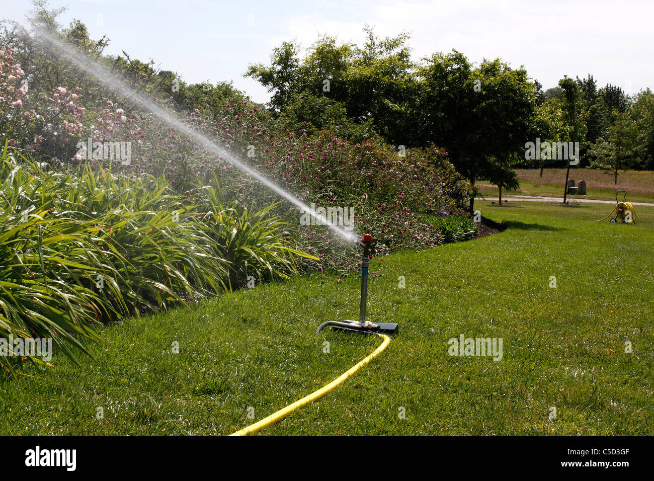 IMPIANTI DI IRRIGAZIONE A SPRUZZO DA GIARDINO DI CONFINE Foto Stock