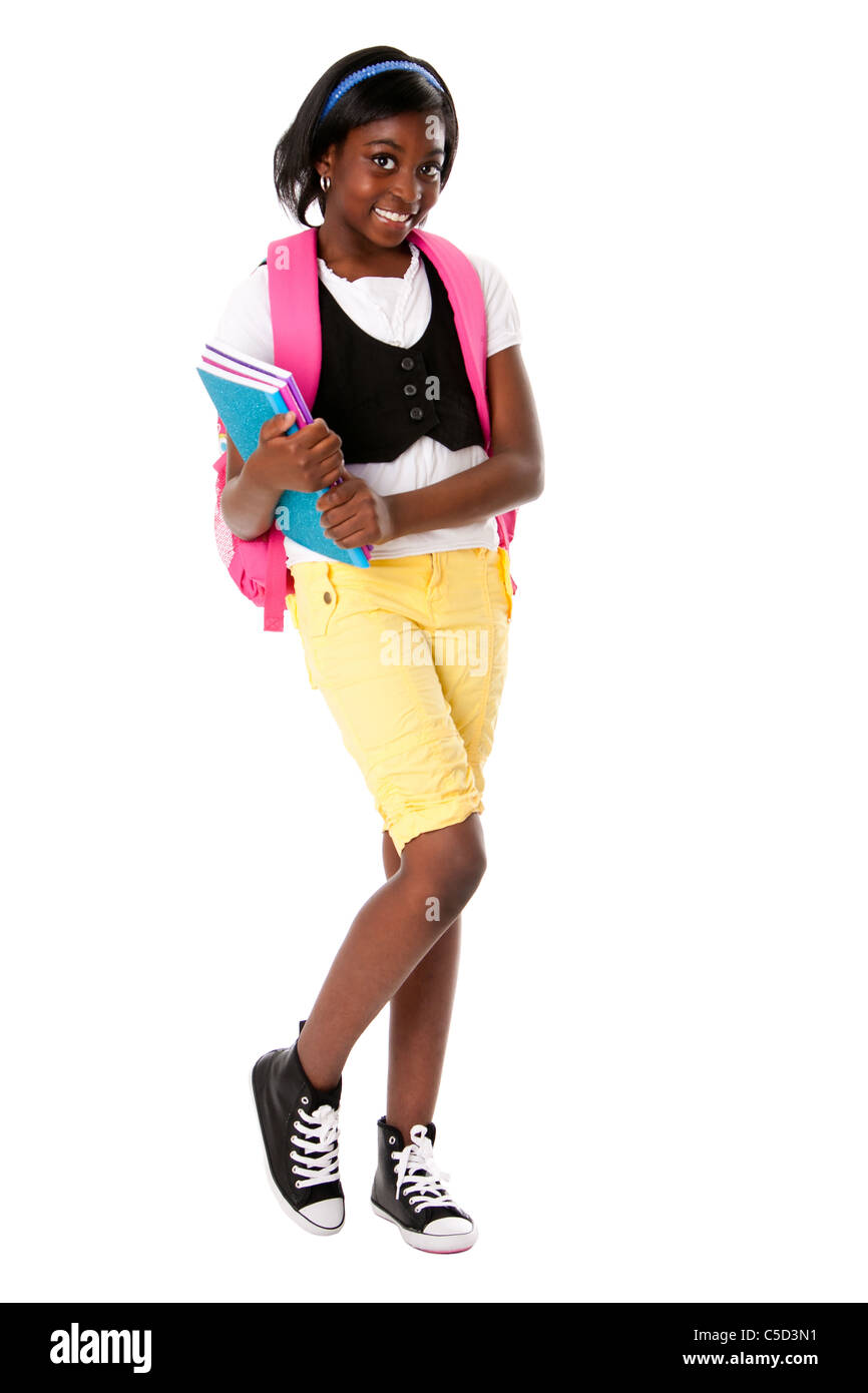 Carino bambino felice adolescente studente con colorate notebook e zaino in piedi, isolata. Foto Stock