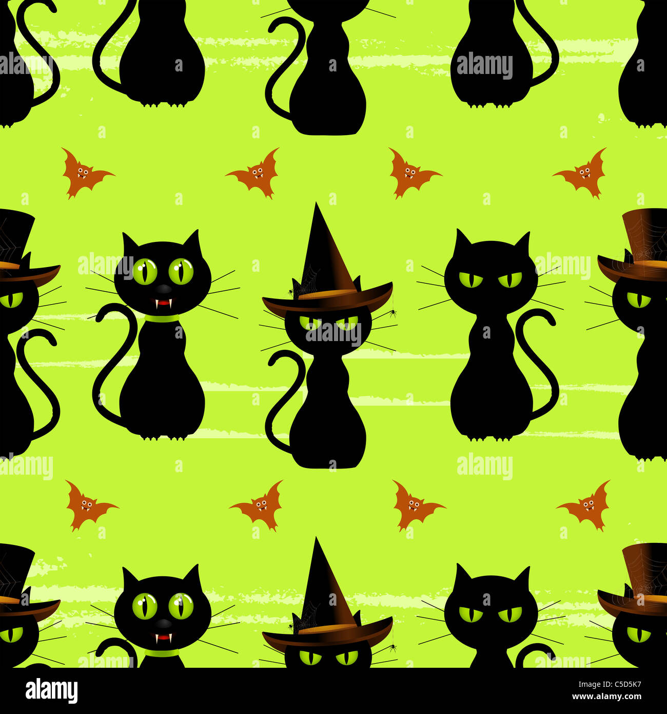 Halloween i gatti neri e pipistrelli su un ripetibile sfondo verde Foto Stock