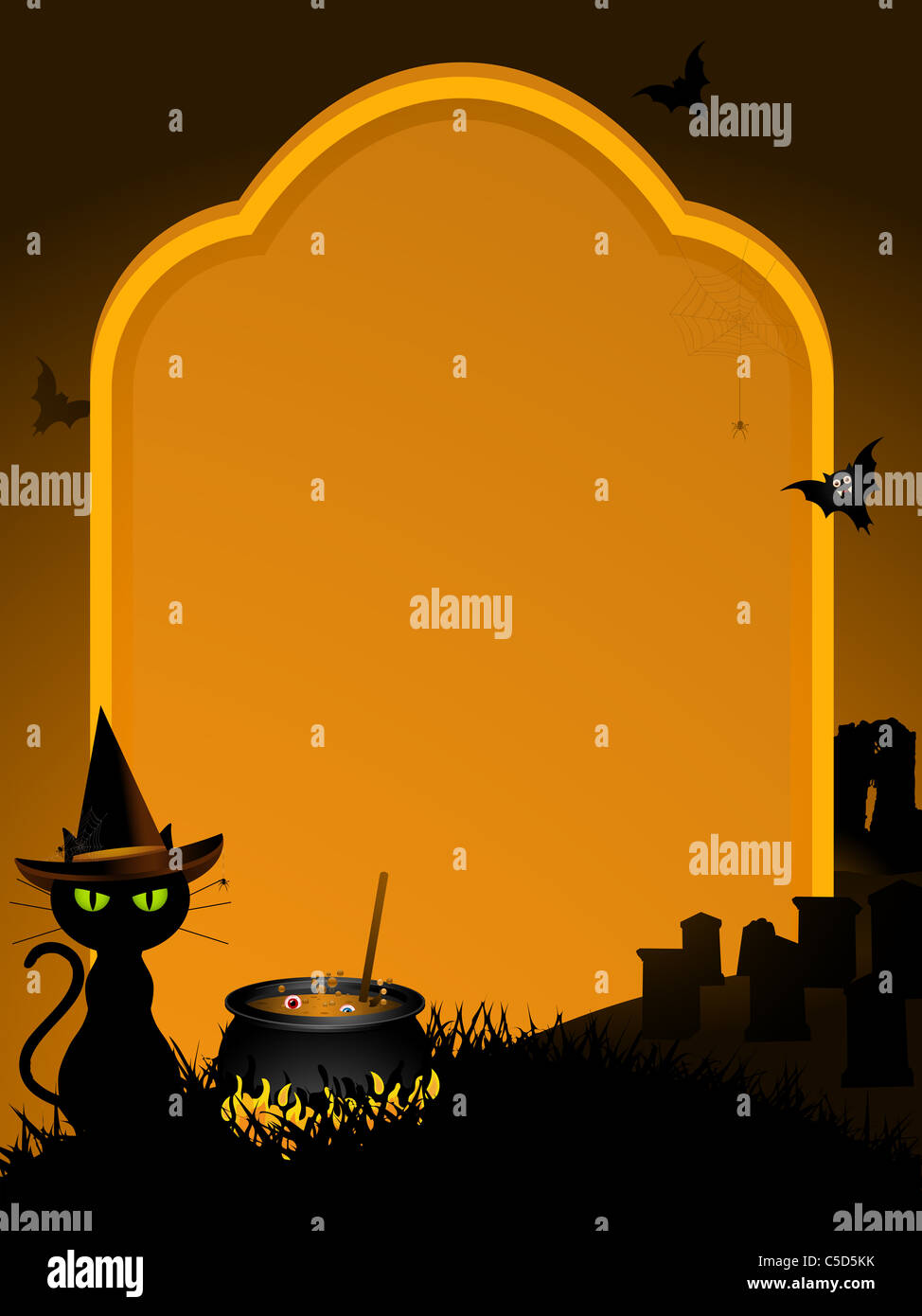 Gatto nero che indossa la strega hat sedeva accanto a un calderone gorgogliamento con grave pietre e abbey in background Foto Stock