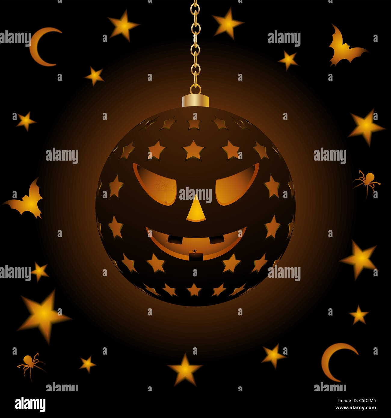 Lanterna circolare con faccia di Halloween circondato da lune, stelle, pipistrelli e ragni Foto Stock