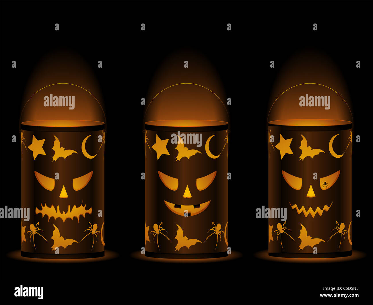 Lanterne di Halloween con facce incandescente su sfondo nero Foto Stock