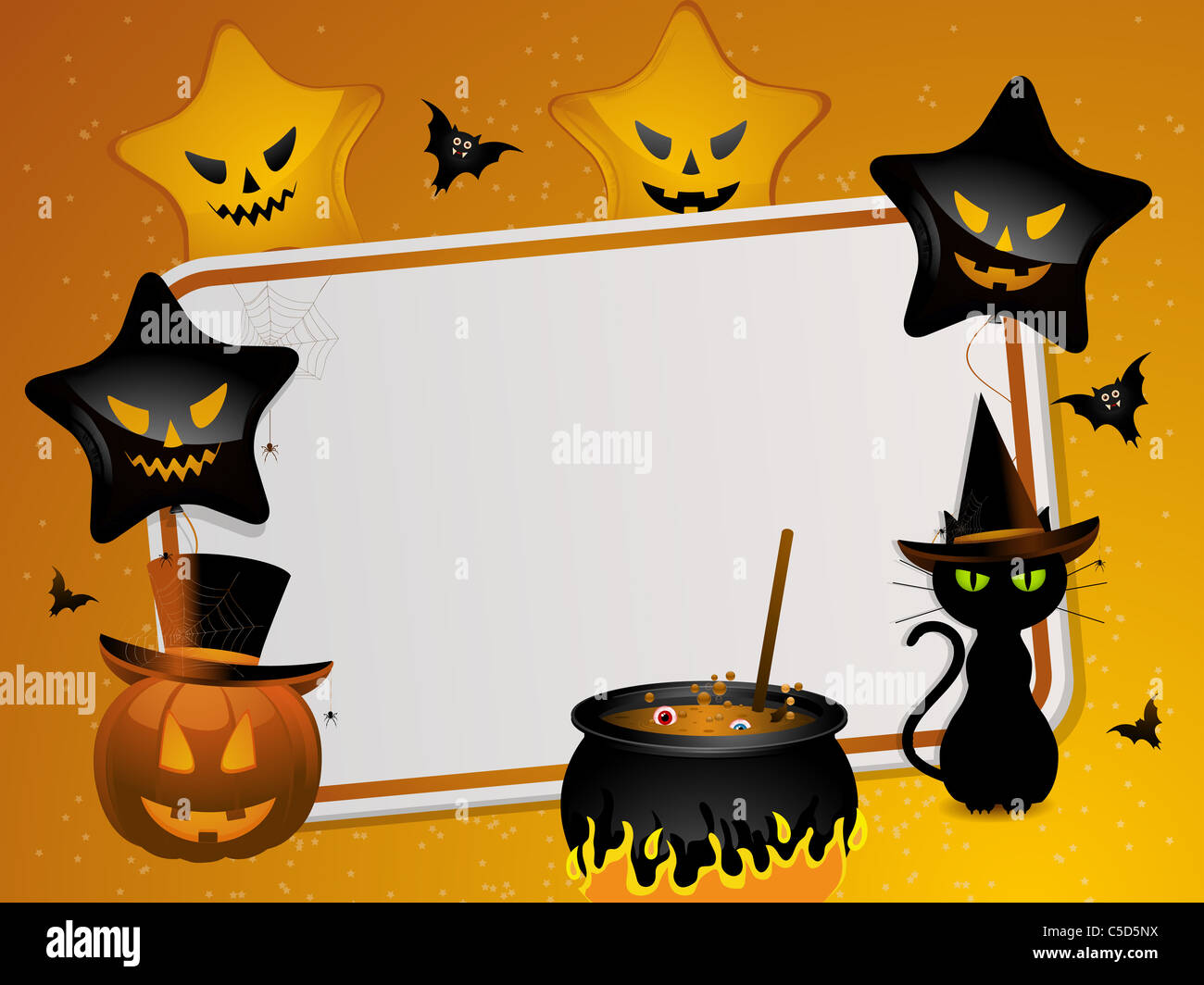 Sfondo di Halloween con area per il messaggio e zucca, Gatto nero, calderone, pipistrelli e palloncini Foto Stock