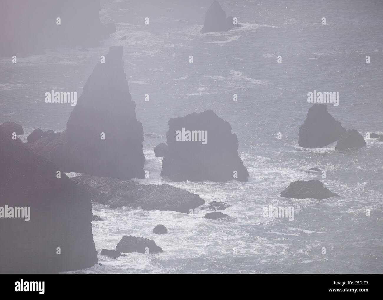 Rocky seashore attraverso una fitta nebbia Foto Stock