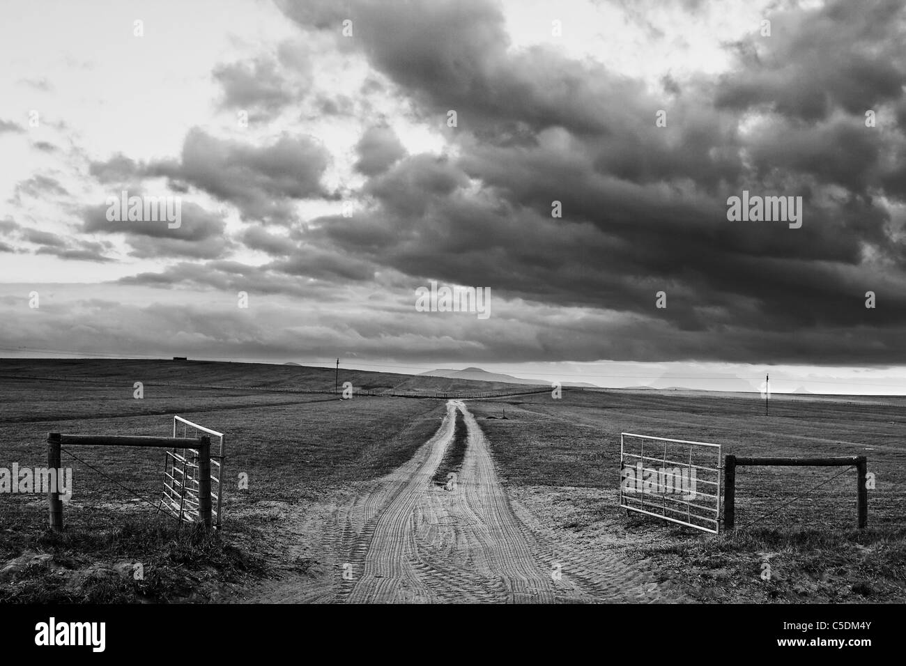 L'entrata di una farm road che conduce a distanza. Il cielo è un meditabondo massa di nuvole come il fronte freddo passa da Foto Stock