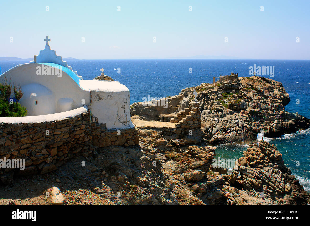Agios Stefanos e operazioni automatiche di fine campo Santuario isola greca di Mykonos Cicladi Mar Egeo Grecia UE Unione europea EUROPA Foto Stock
