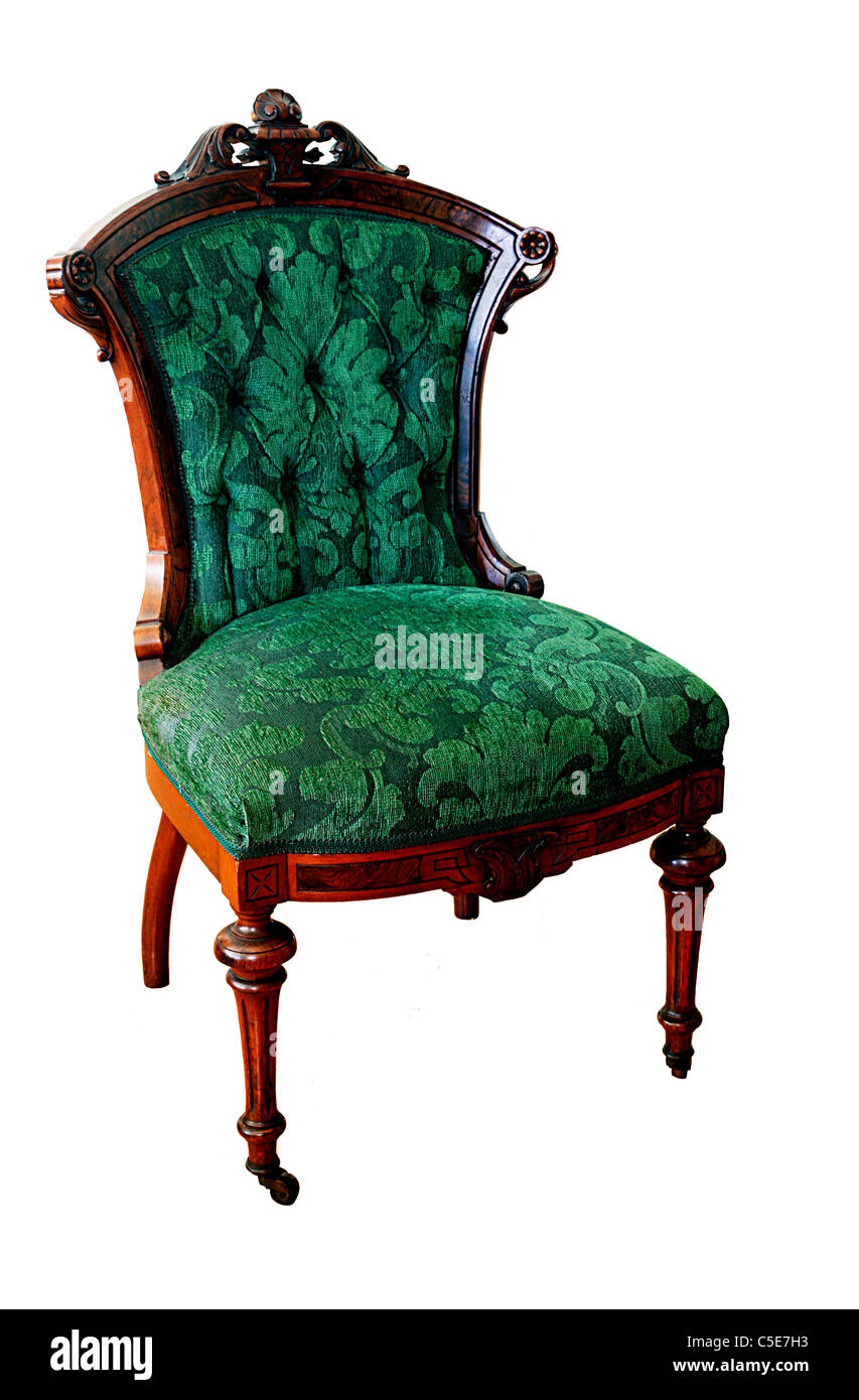Sedia in stile vittoriano da un 1874 set salone realizzato in Philadelphia con A e H Lejambre isolato su bianco Foto Stock