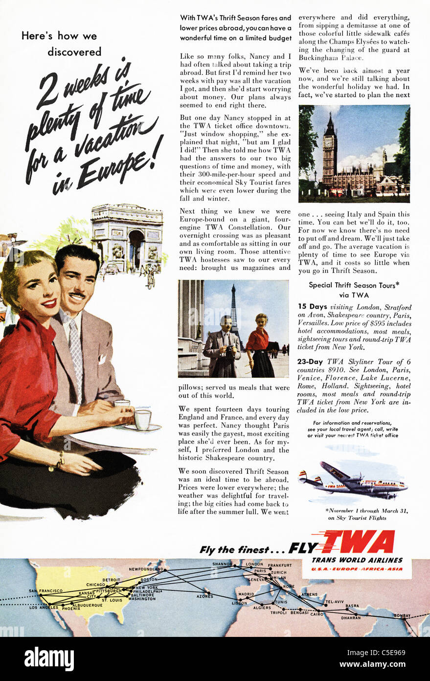 Originale degli anni cinquanta un annuncio nella rivista americana pubblicità turismo da TWA Trans World Airlines Foto Stock