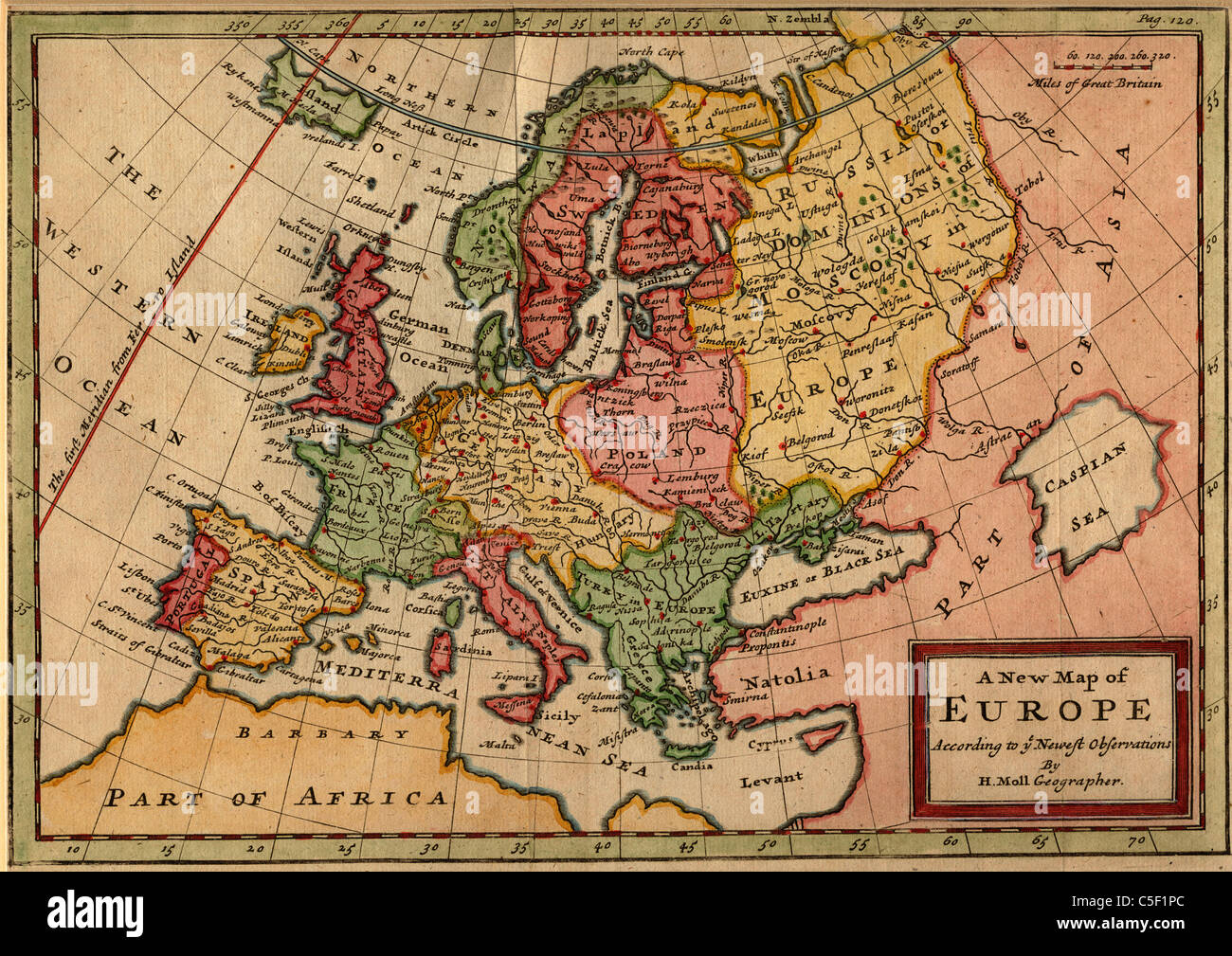Mappa antiquario dell'Europa: "Una nuova mappa di Europa secondo le più recenti osservazioni da H. Moll geografo" (1721) - Herman Moll Foto Stock