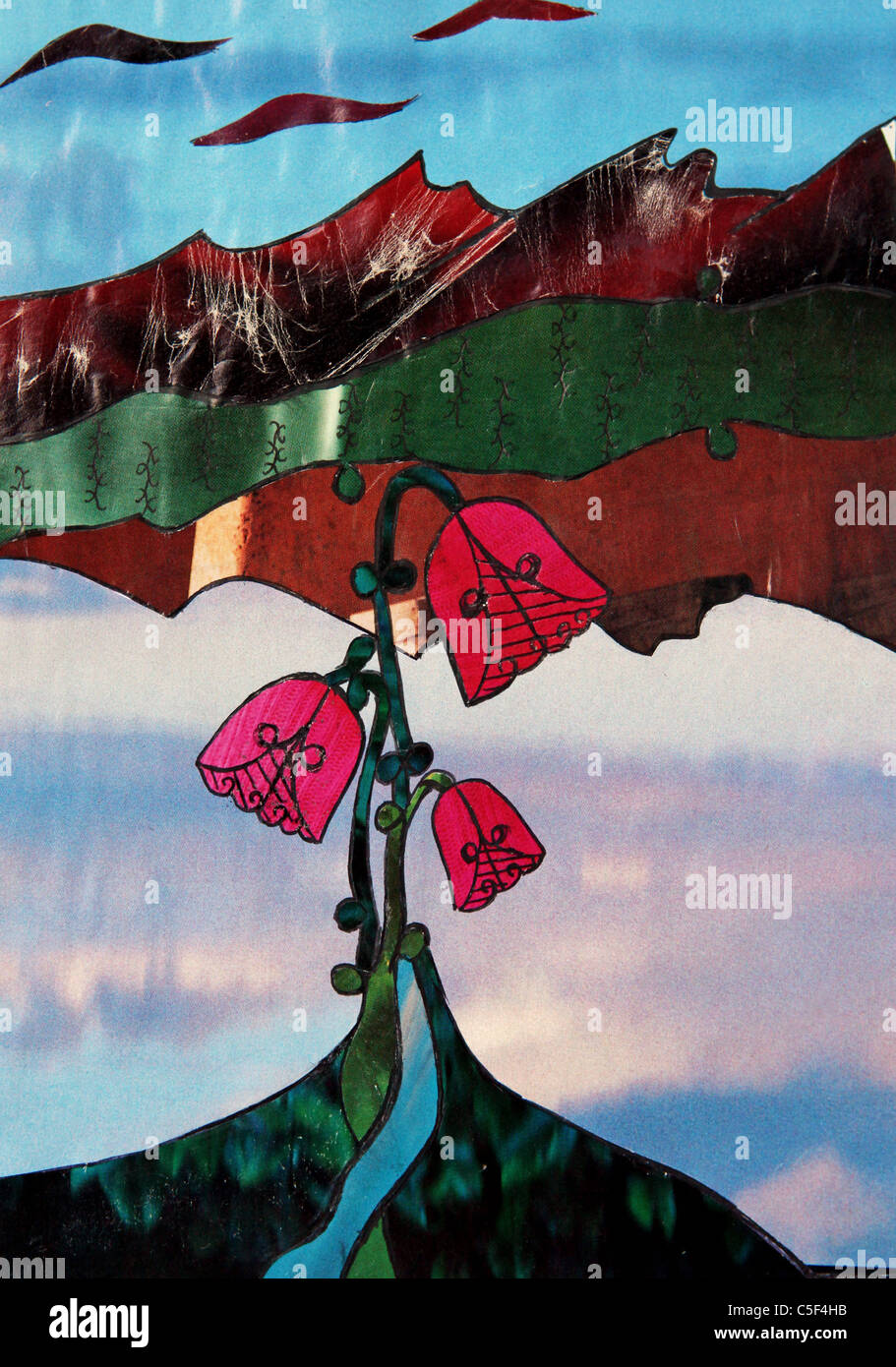 Arte uniche collage originale fatta a mano con le montagne e fiori Foto Stock