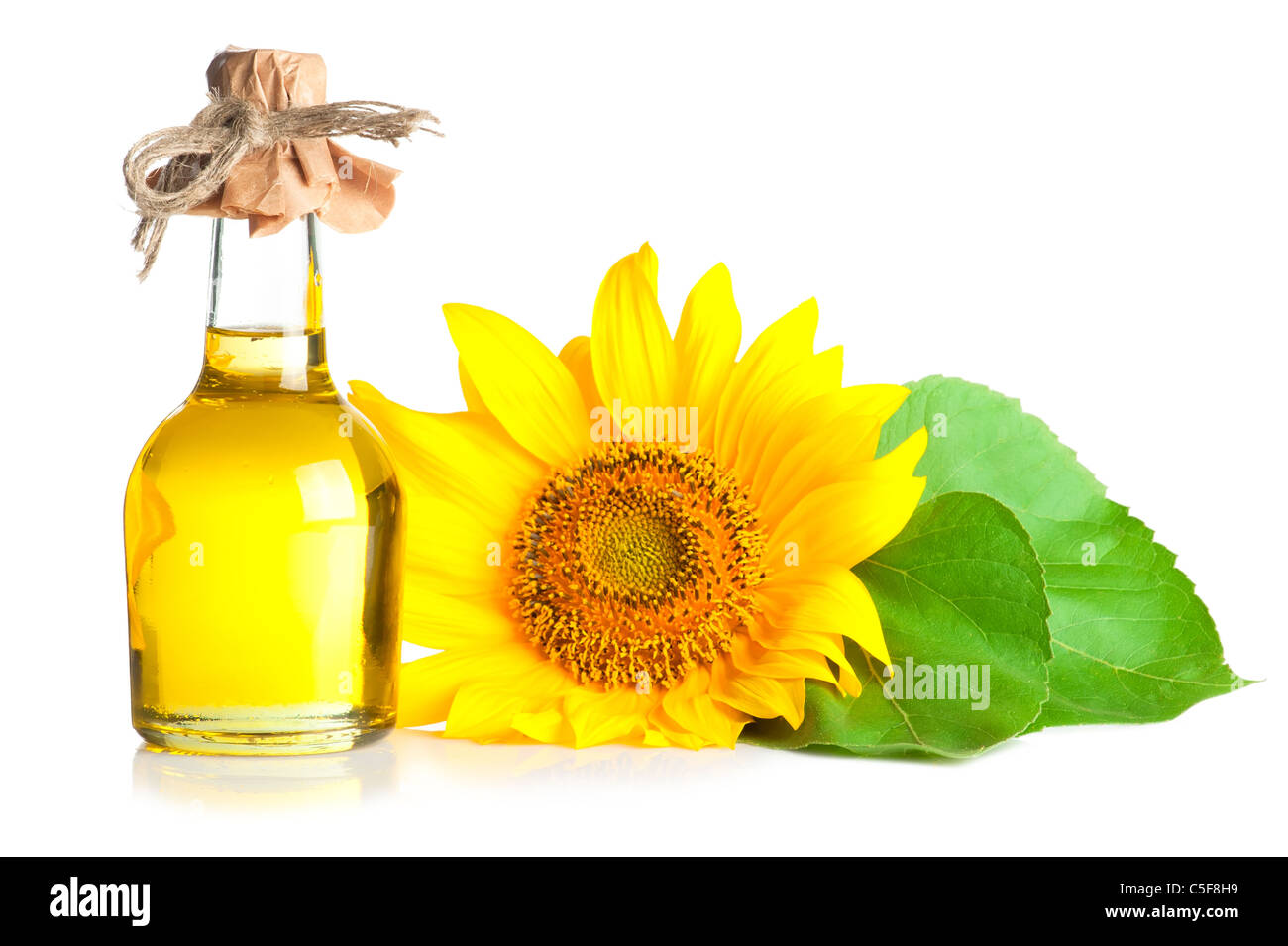 Bottiglia di olio di girasole e con foglie su sfondo bianco Foto Stock