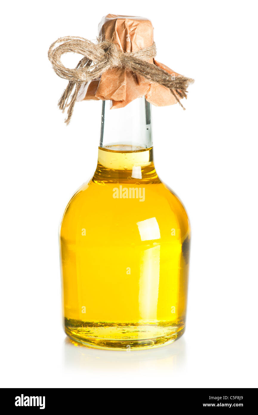 Bottiglia di olio di semi di girasole su sfondo bianco Foto Stock