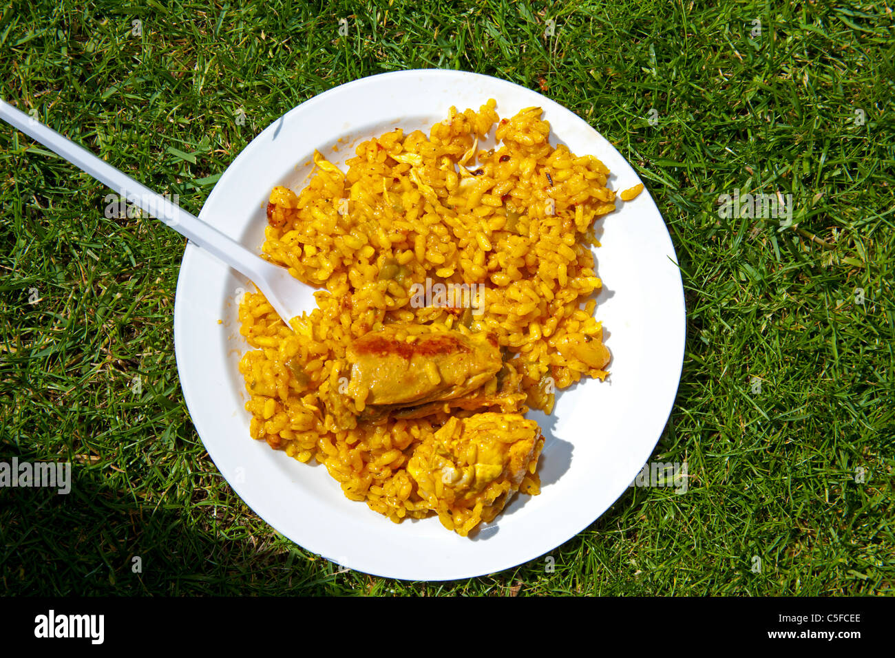 Piatto di paella spagnola piatto di cibo che contiene il pollo e riso Foto Stock