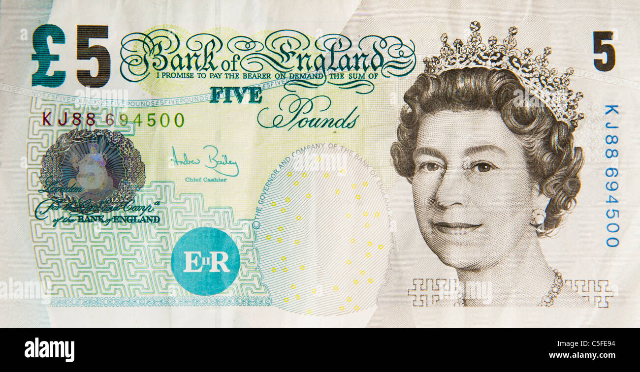 5 libbra di cinque sterline nota Foto Stock