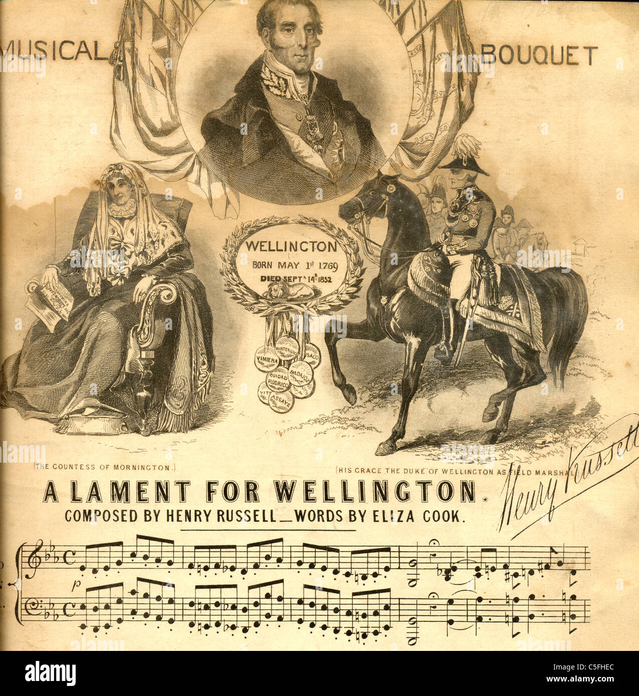 La musica di un coperchio di un lamento per Wellington composta da Henry Russell Foto Stock