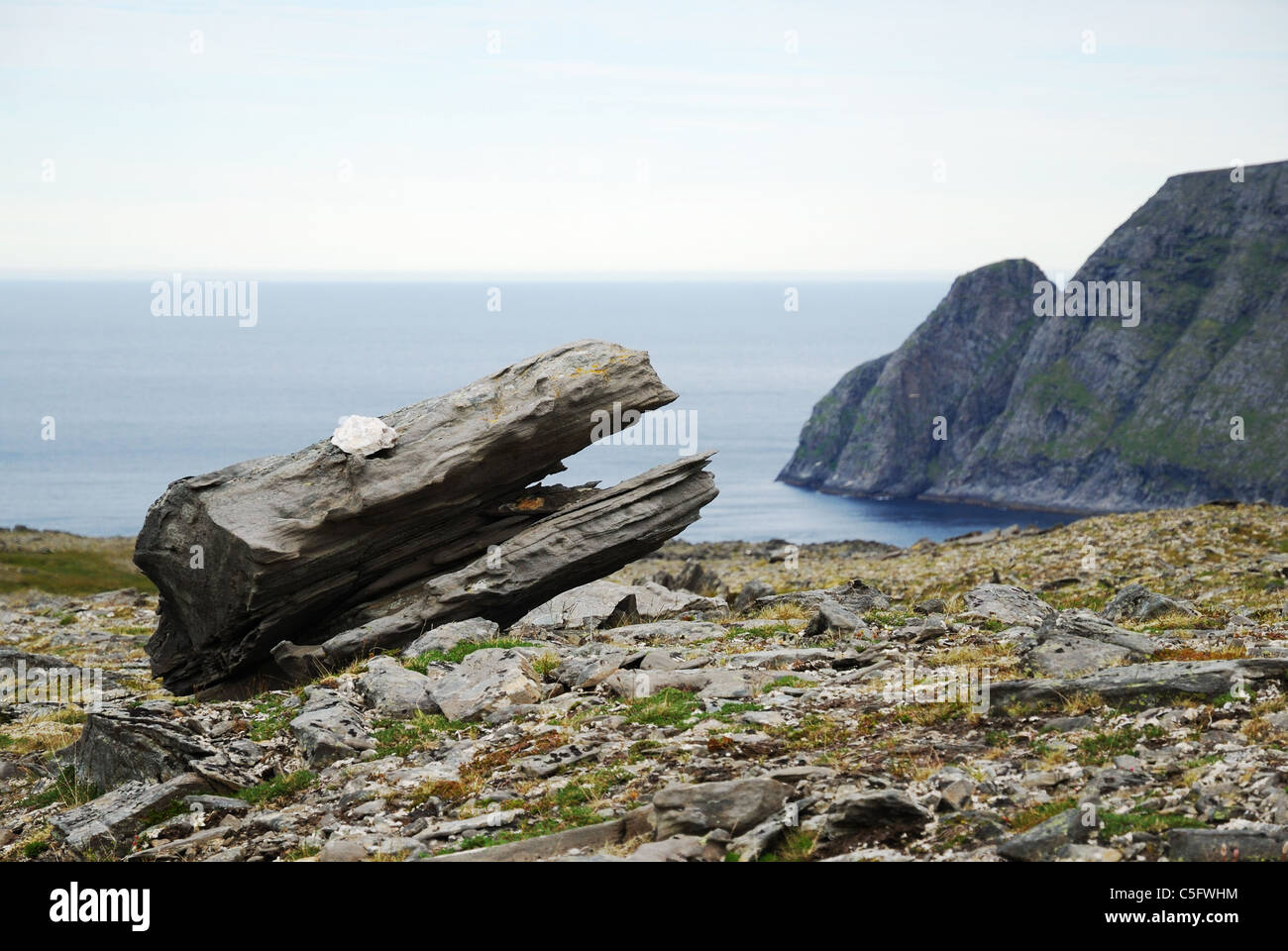 Vista di Capo Nord con drago pietroso. Foto Stock