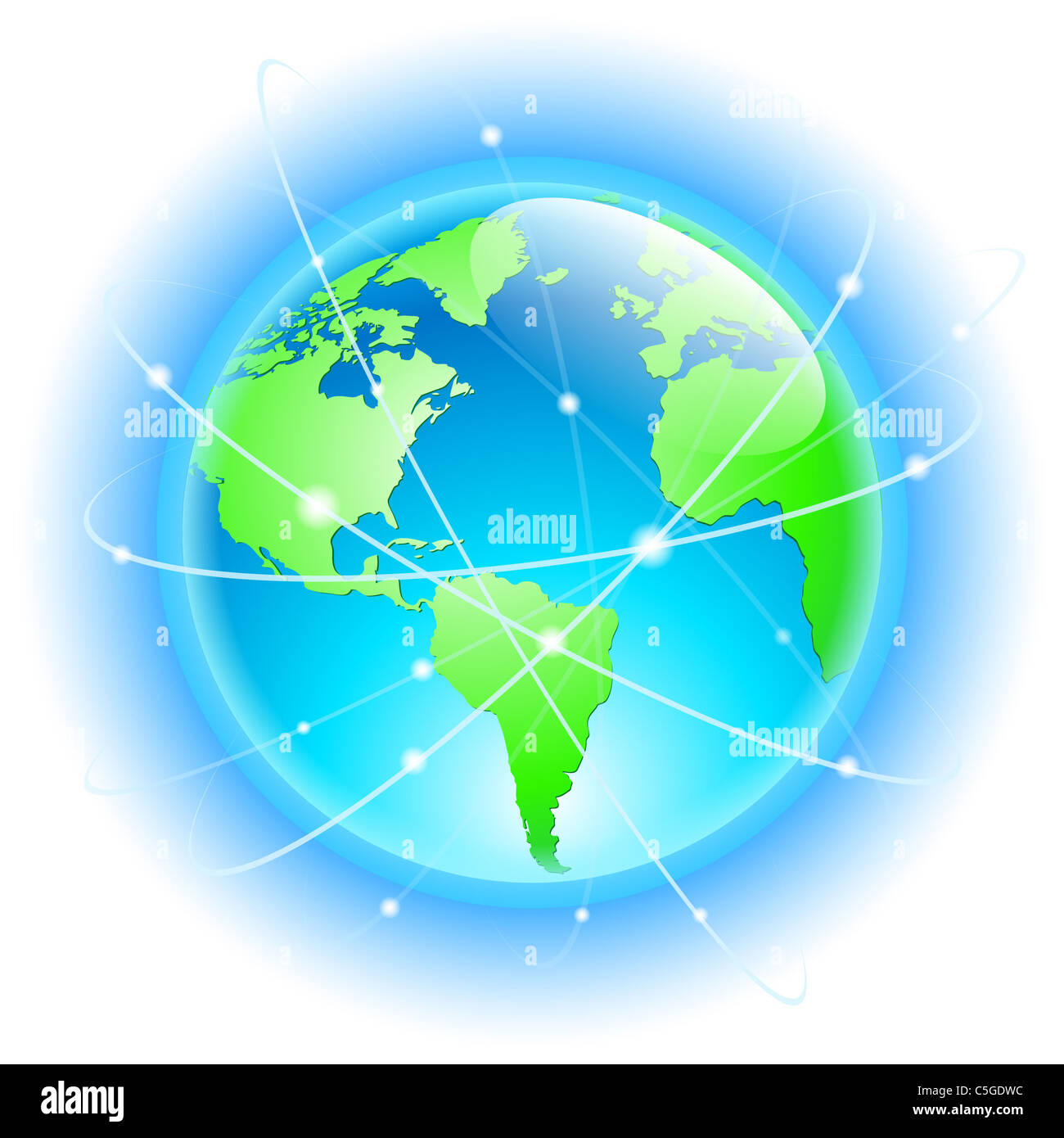 Globo con wired in orbita di satellite. Illustrazione su bianco Foto Stock