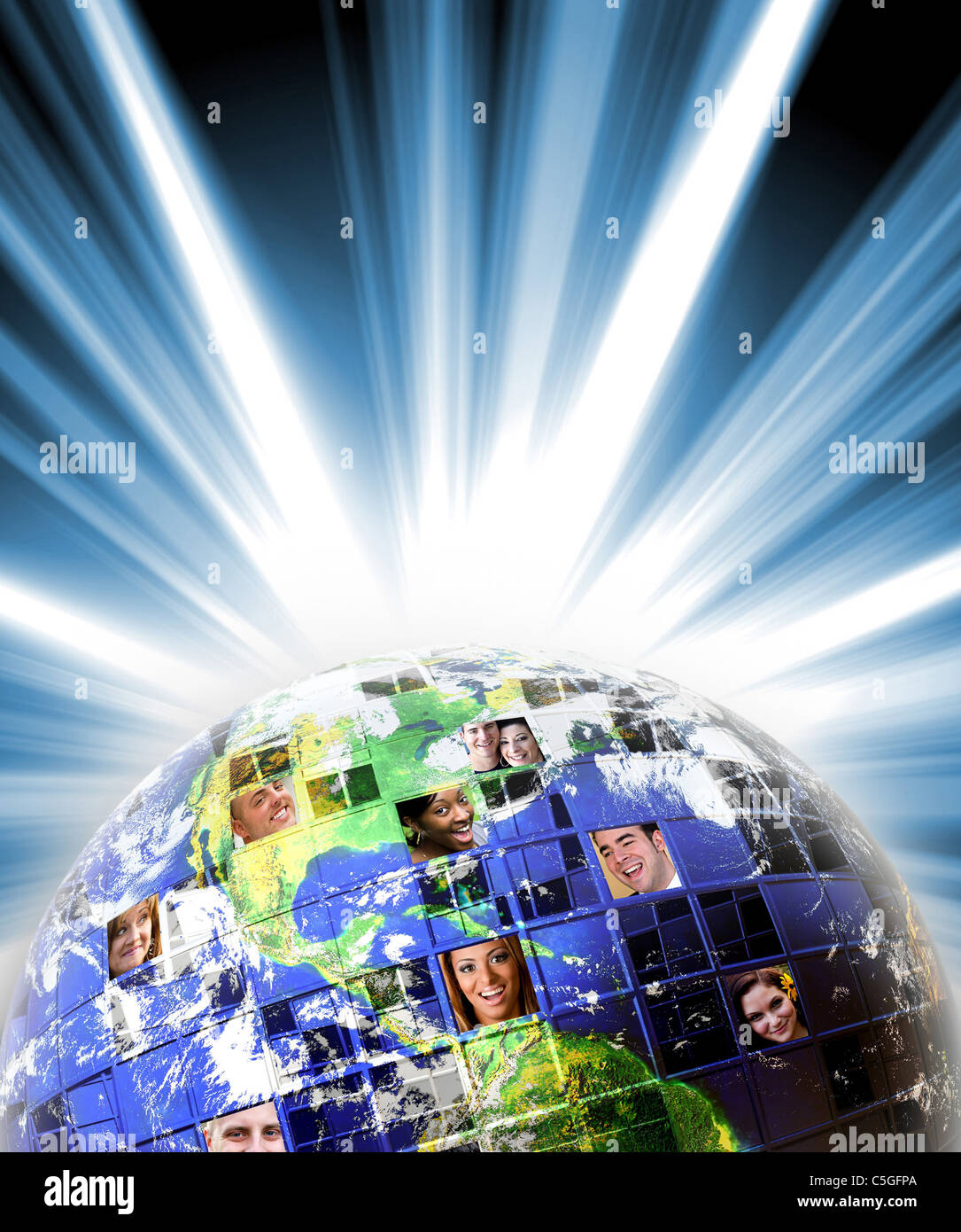 Un worldwide global montage di persone di diverse nazionalità e di etnia su tutta la terra e un luminoso lente solar flare. Foto Stock