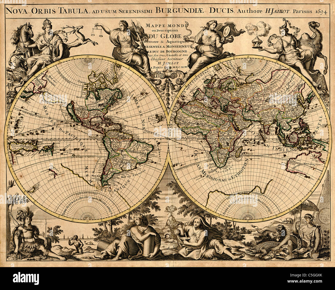 Nova orbis tabula, ad usum serenissimi Burgundiæ - Mappa del mondo Antiquario - Mappa del mondo Antico, 1694, di Alexis Hubert Jaillot Foto Stock