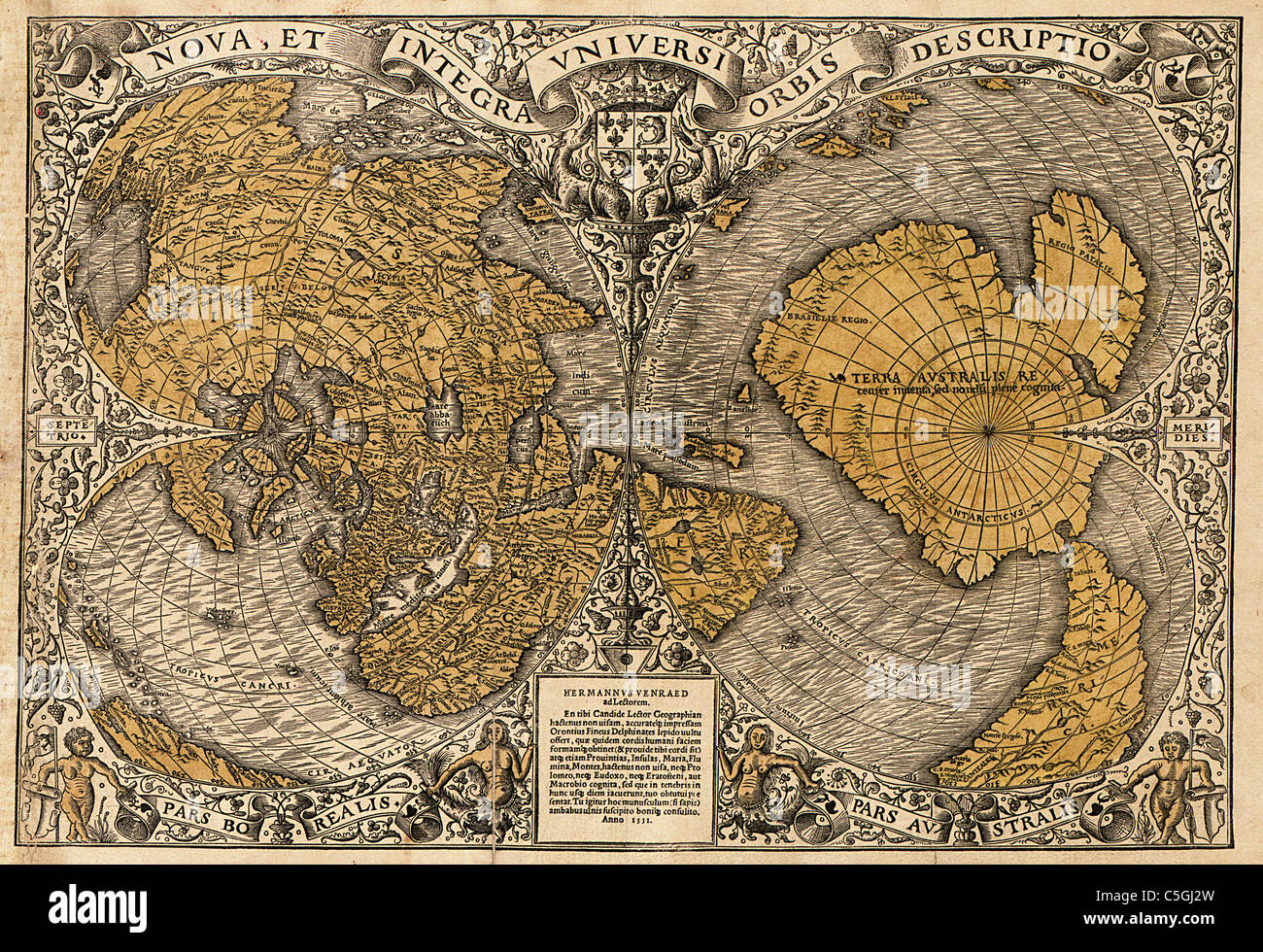 Noua, et integra Uniuersi Orbis Descriptio, (nuova e completa descrizione del mondo) antica mappa del mondo da Oronce Fine, 1531 Foto Stock