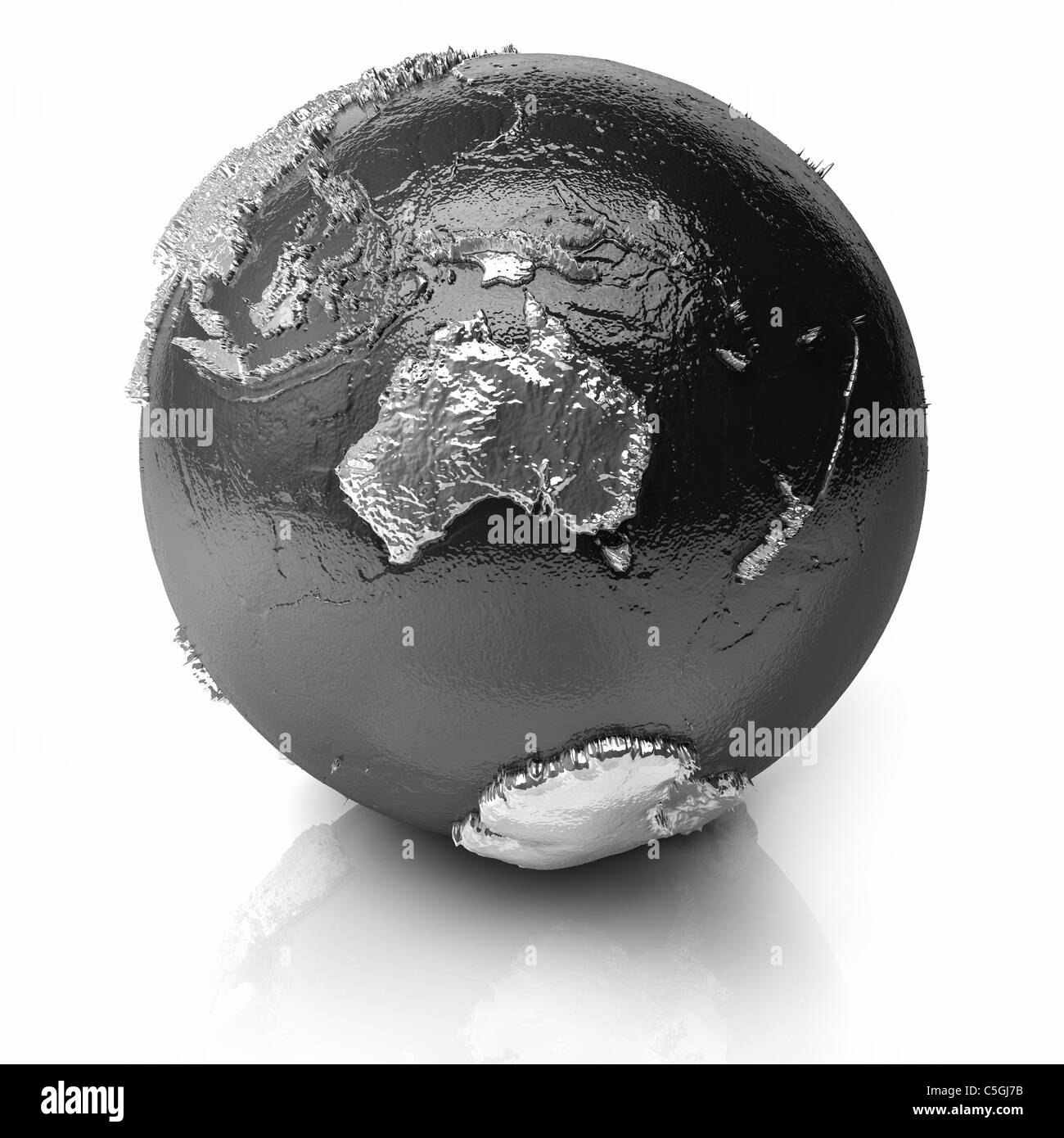 Globo argento - metallo terra con realistica topografia - australia, 3D render Foto Stock