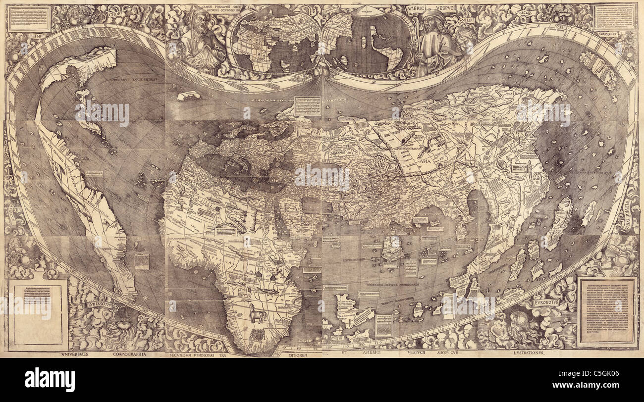 Universalis Cosmographia - antica mappa del mondo di Martin Waldseemuller 1507. Foto Stock