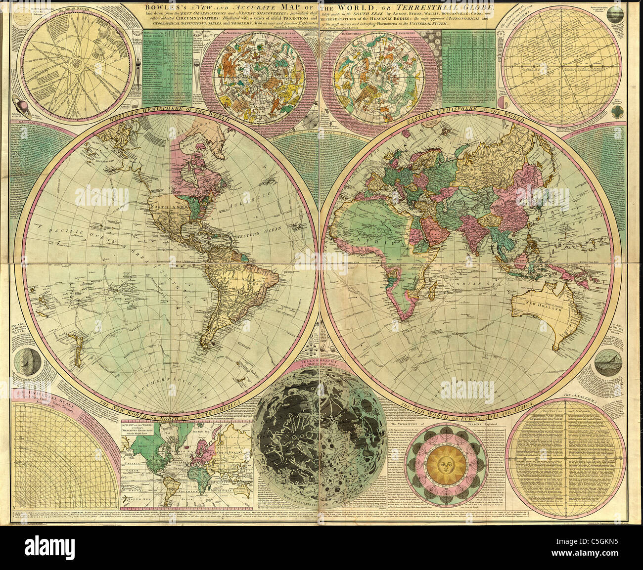 Bowles è di nuovo e accurata mappa del mondo, o globo terrestre - antica mappa del mondo da Carington Bowles, 1780 Foto Stock