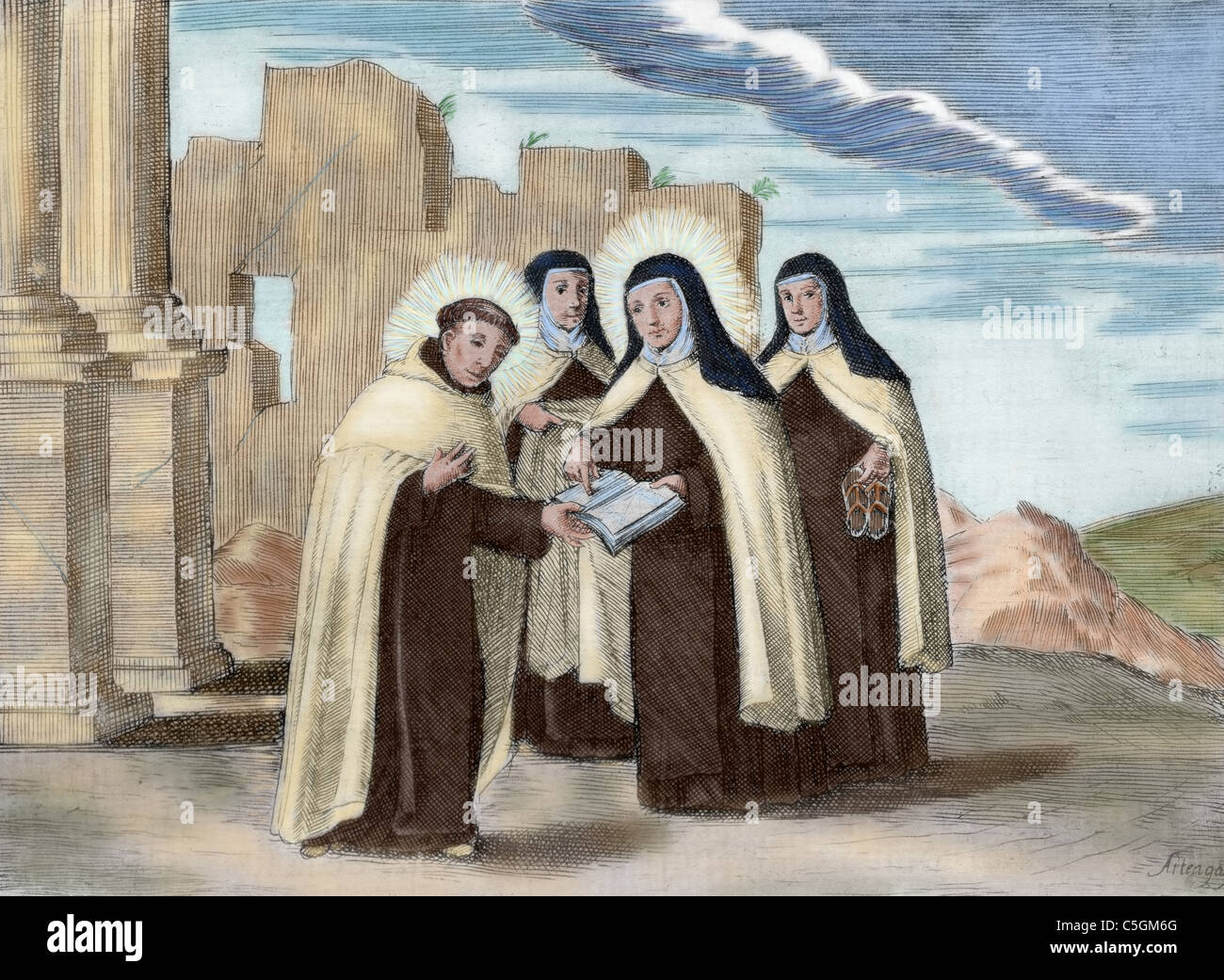 Santa Teresa di Avila e san Giovanni della Croce. Hanno stabilito i Carmelitani Scalzi. Incisione colorata. Foto Stock