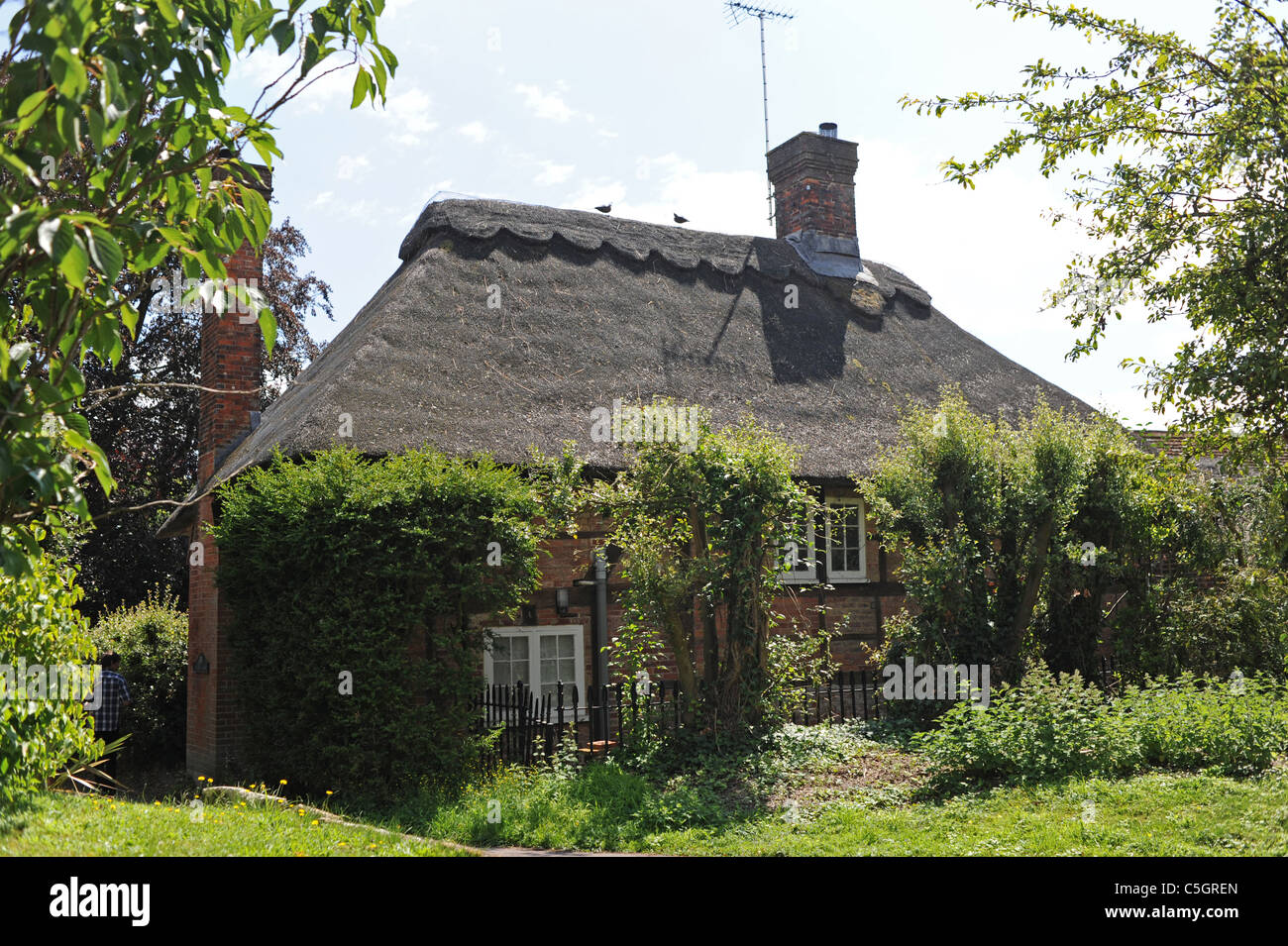 Marjorie fieno percorso cottage con tetto in paglia in Burpham village vicino a Arundel West Sussex Regno Unito Foto Stock