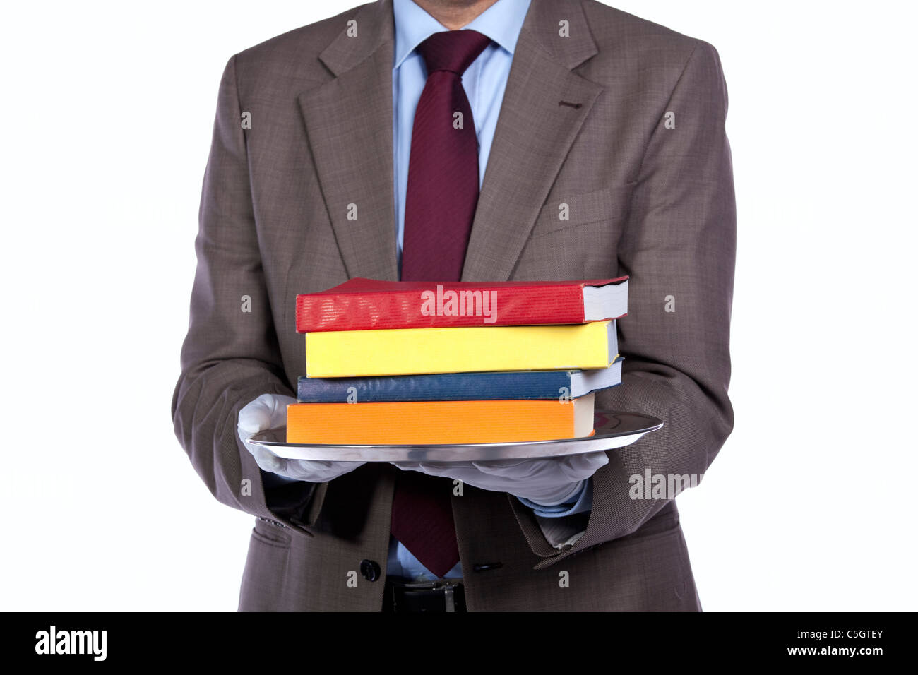 Imprenditore che vi mostra una soluzione per il settore dell'istruzione. Foto Stock