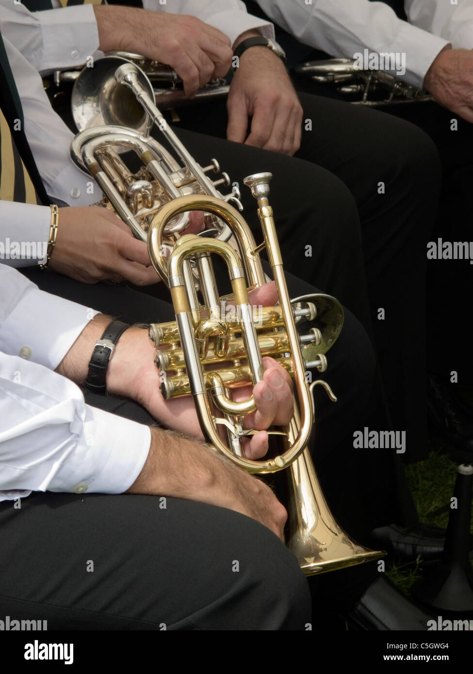 Trombe in una banda di ottoni-1 Foto Stock