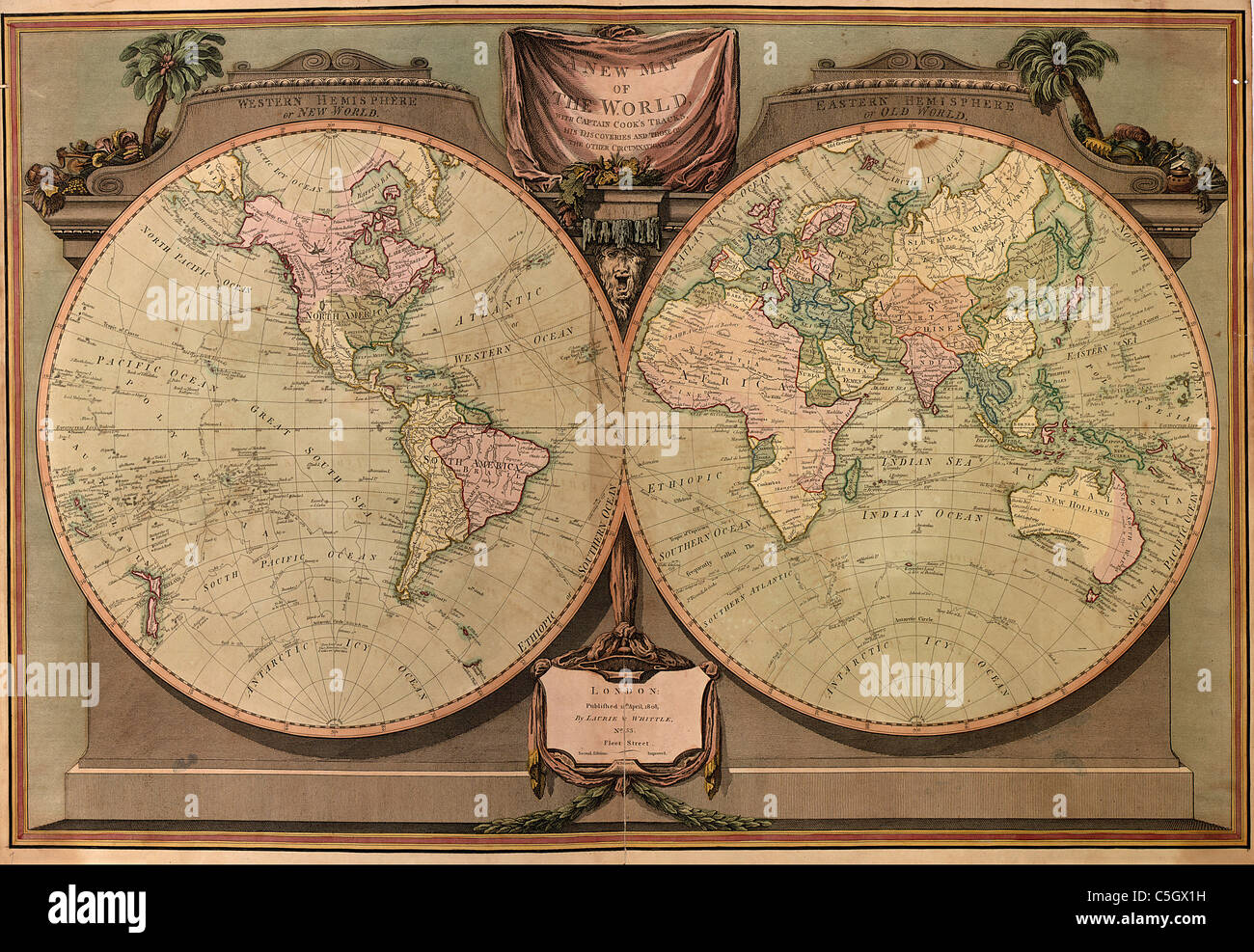 Una nuova mappa del mondo, con la Captain Cook le vie, le sue scoperte e quelle di altri Circumnavigators: 1808 antica mappa del mondo Foto Stock