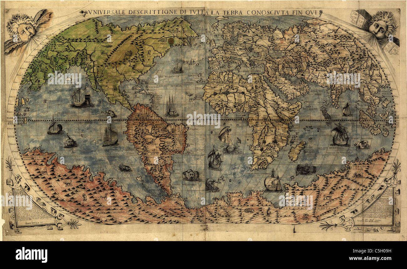 Universale descrittione di tutta la terra conosciuta fin qui. - Antica Mappa del Mondo di Paolo Forlani e F. Berteli, 1565. Foto Stock