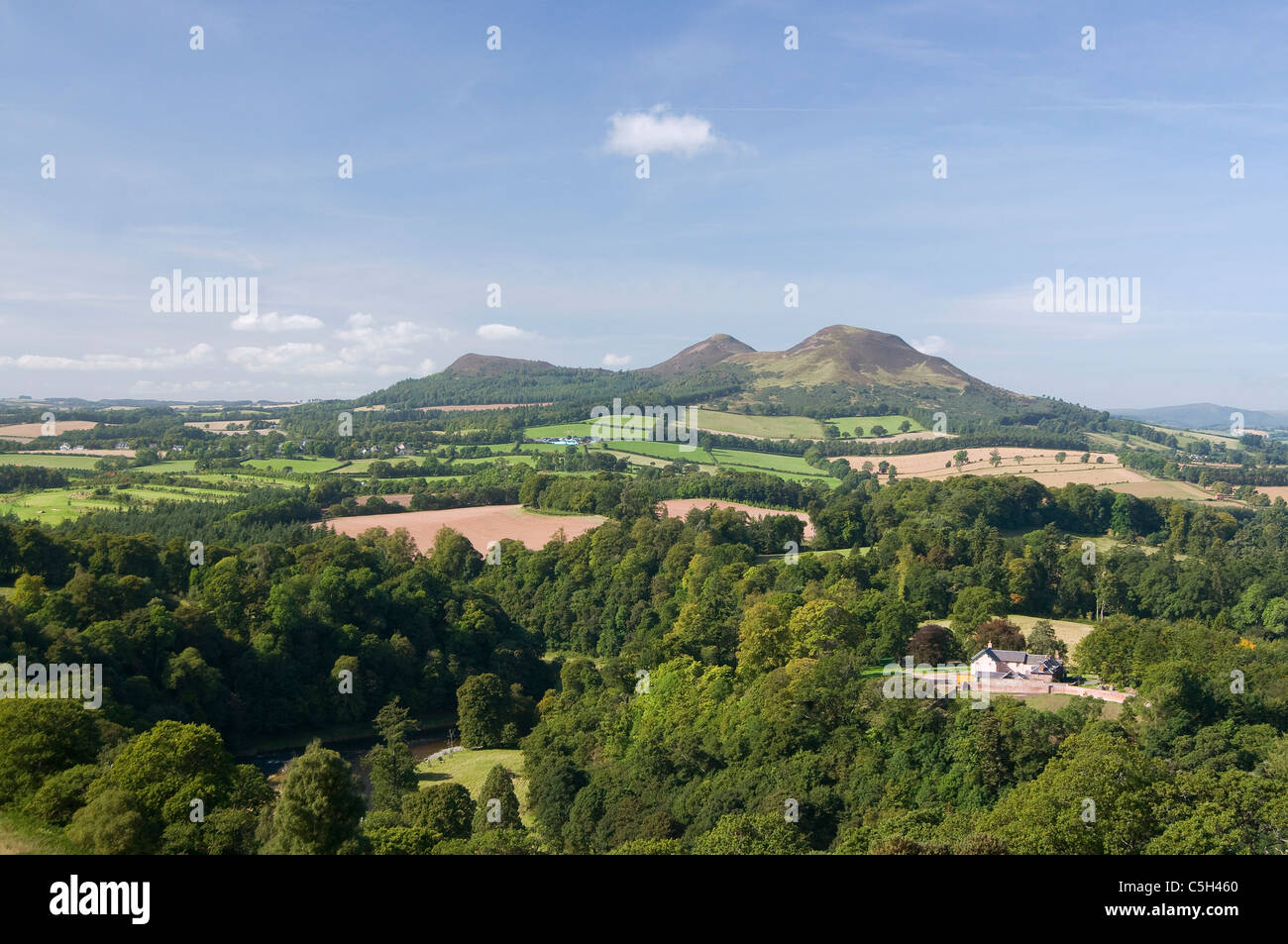 Scott i punti di vista e le colline Eildon dal Melrose Foto Stock