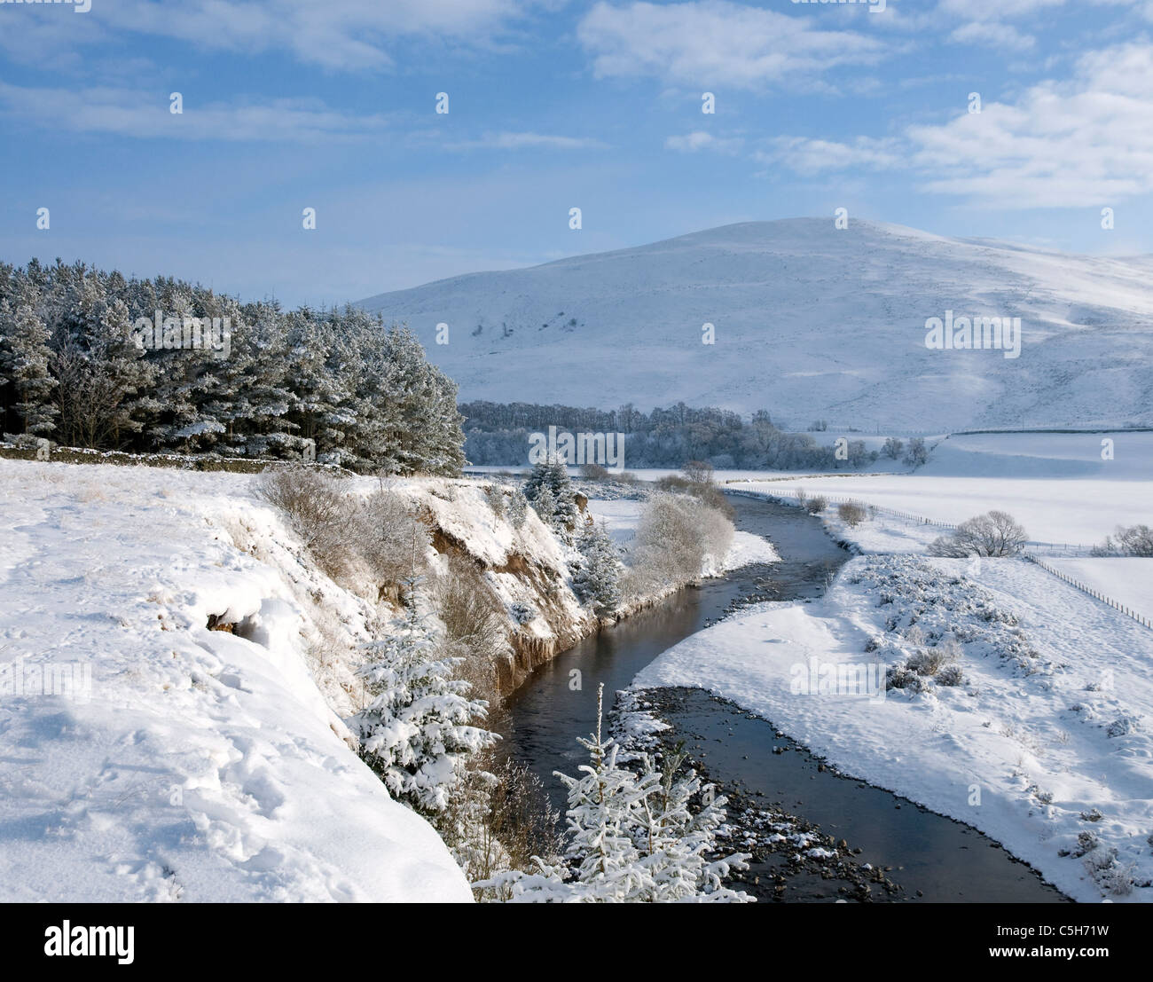 Yarrow acqua e Eldinhope Knowe serpeggiando lungo il Glen vicino a Selkirk in presenza di un notevole manto di neve Foto Stock