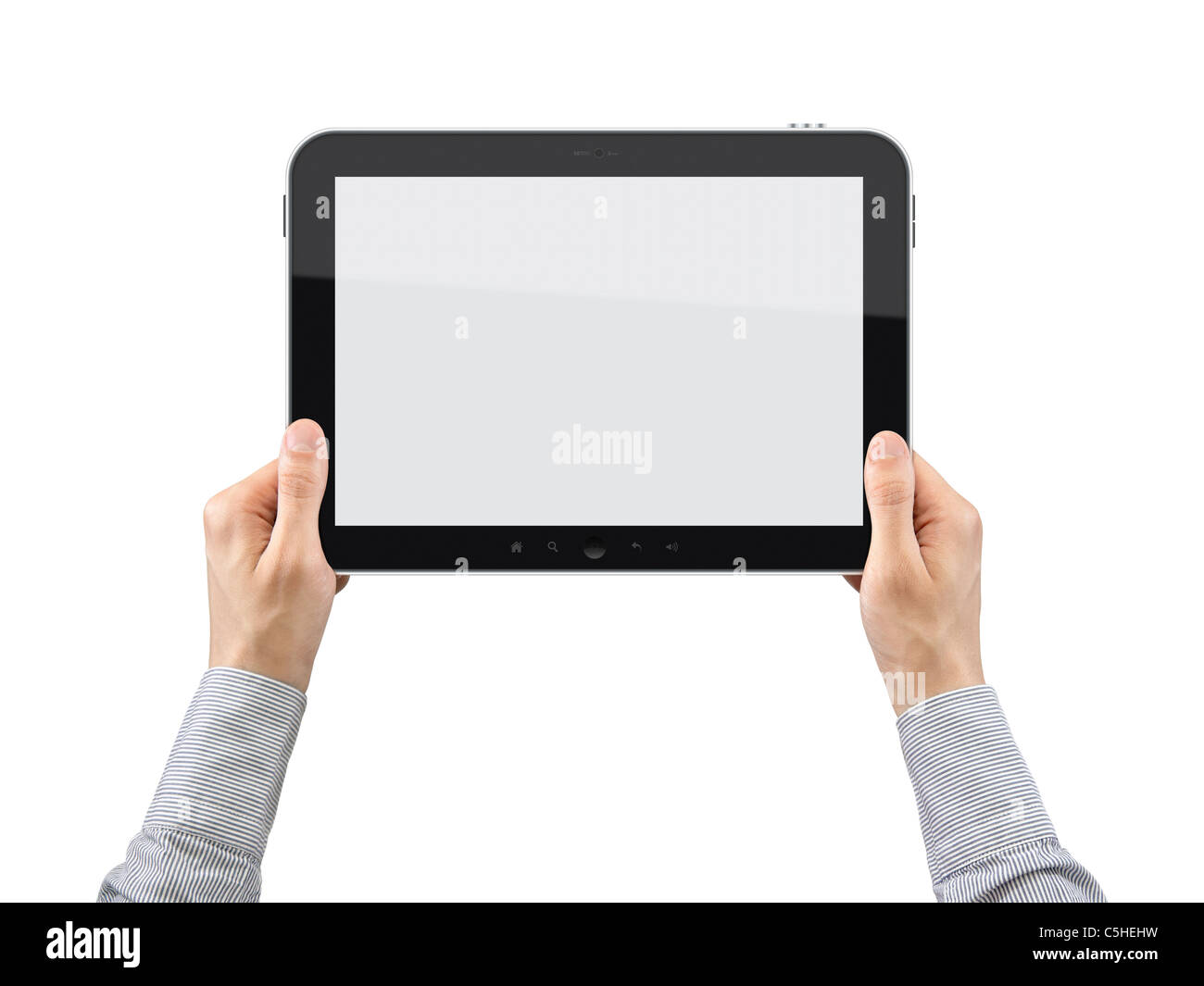 Imprenditore mani sono tenendo premuto il touch screen tablet pc. Isolato su bianco. Foto Stock