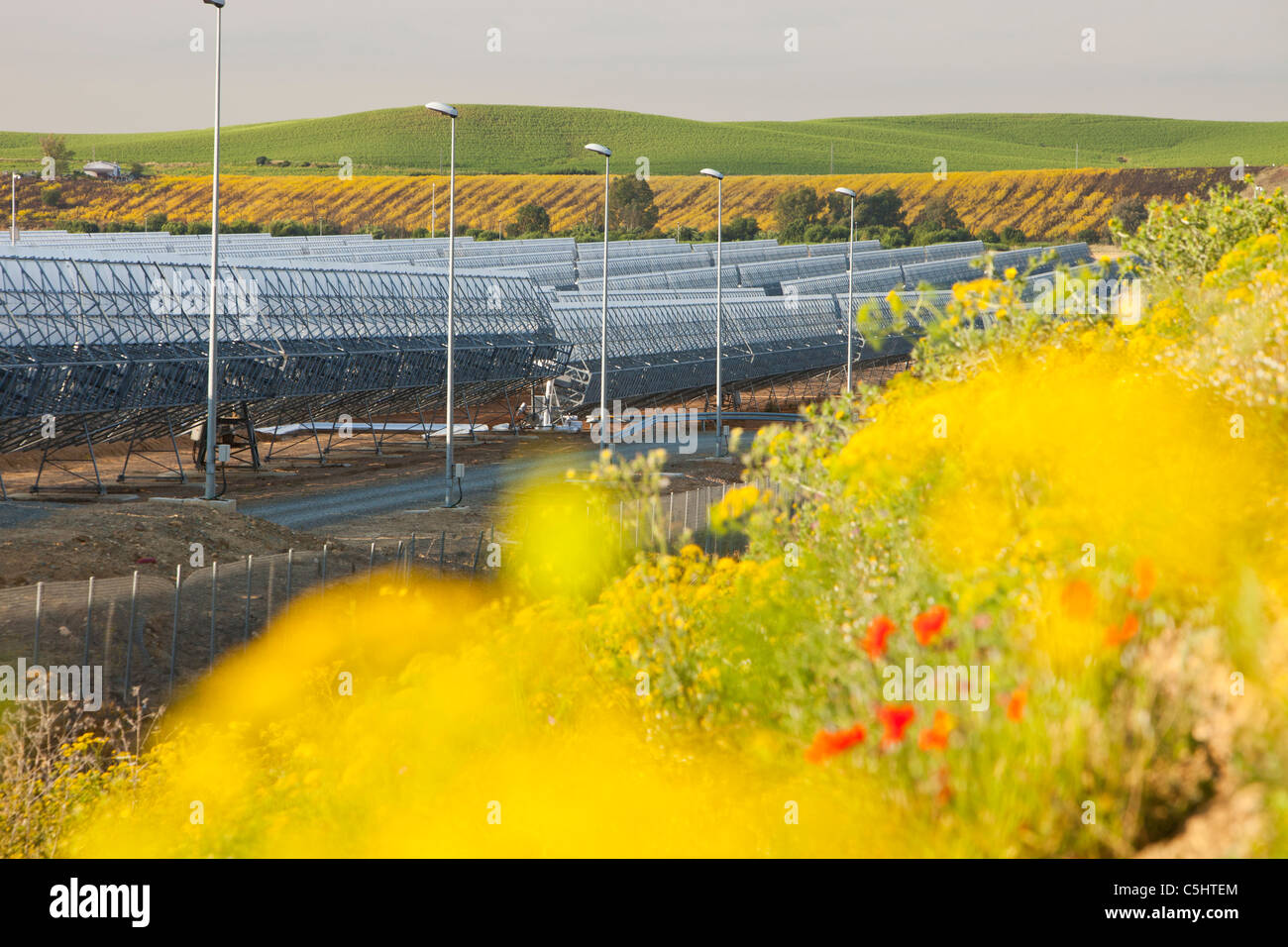 Solare trogoli parabolici in Solucar complesso solare vicino a Siviglia, Spagna, Foto Stock