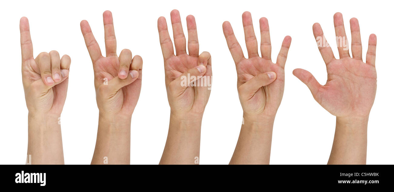 Immagine di un uomo di puntare il dito da uno a cinque Foto Stock