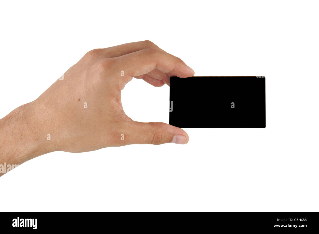 Nero business card in mano su sfondo bianco Foto Stock