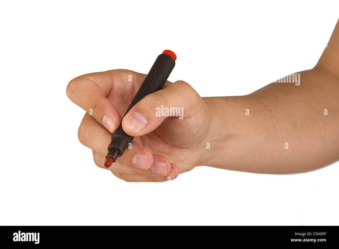 Mano maschio con contrassegno rosso isolato su sfondo bianco Foto Stock