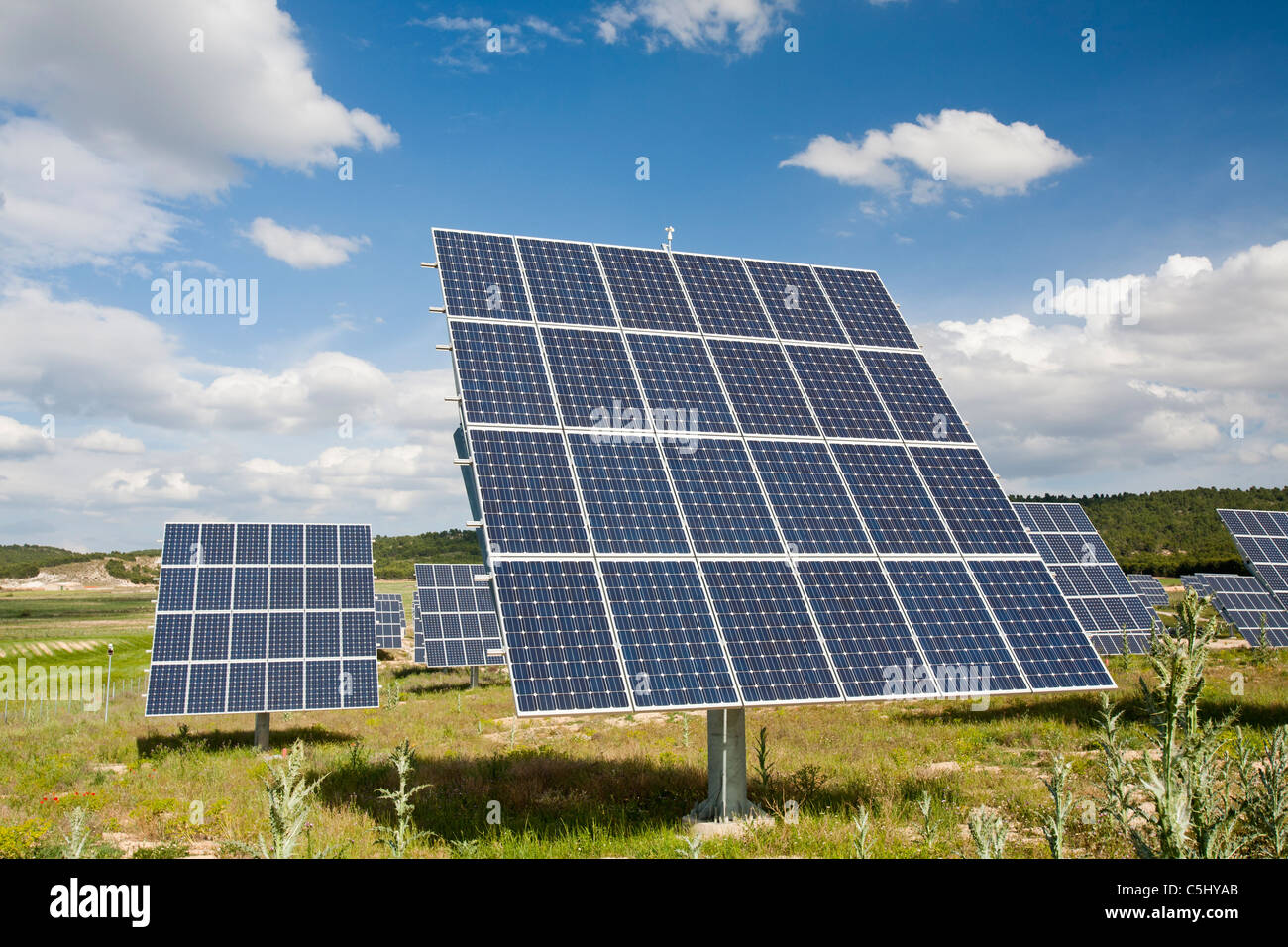 Una foto voltaico energia solare stazione vicino a Caravaca, Murcia, Spagna. Foto Stock