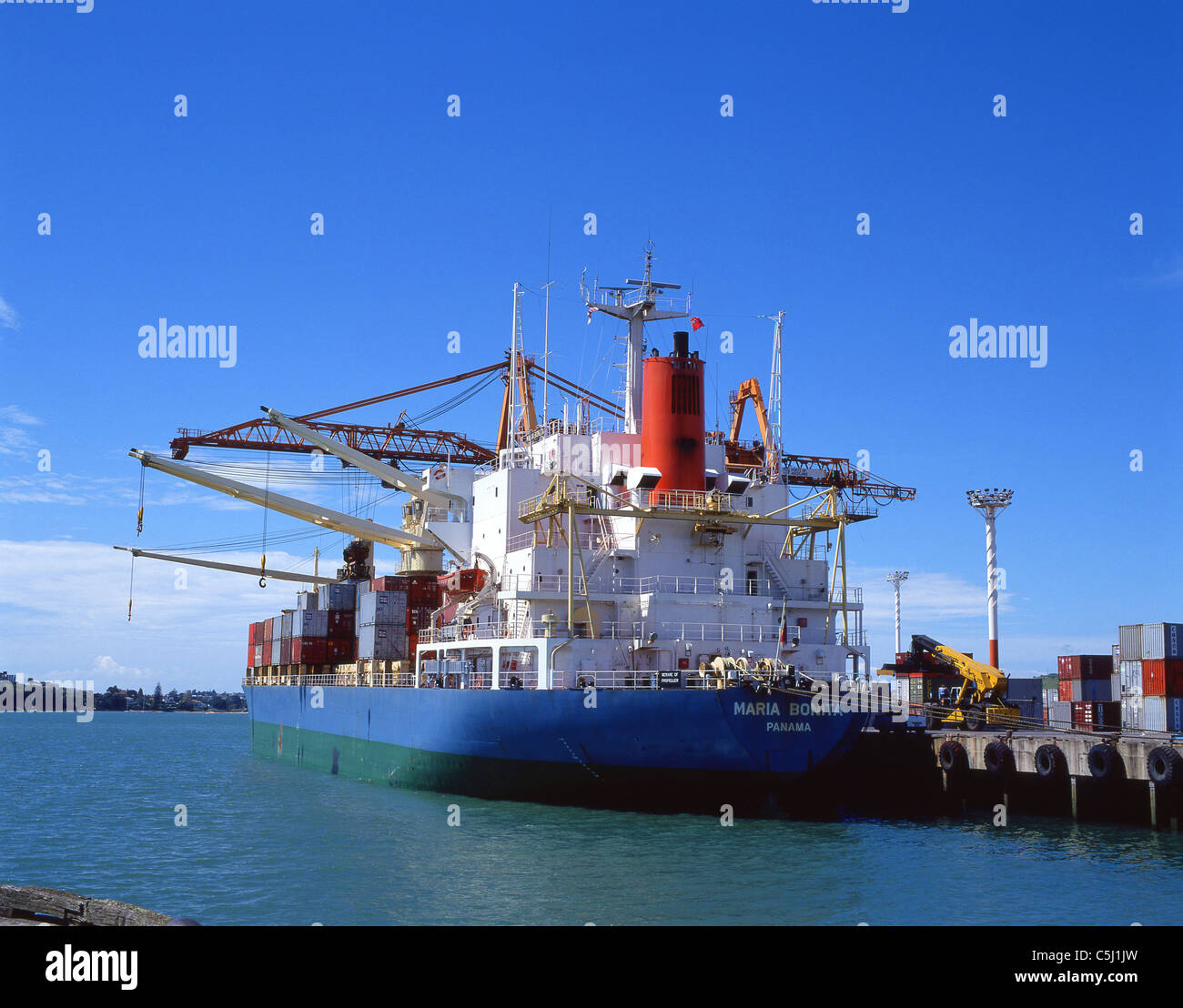 Contenitore di carico della nave nel porto di Auckland Auckland Auckland Regione, Isola del nord, Nuova Zelanda Foto Stock