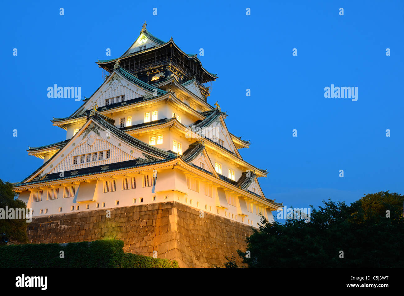 Osaka in Giappone presso il Castello di Osaka di notte. Foto Stock