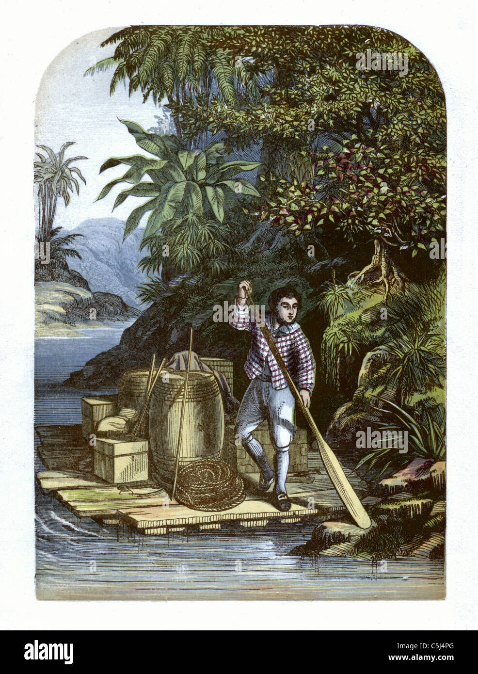 "Robinson Crusoe per mezzo di una zattera di risparmiare molti articoli utili dalla nave' - 1865 - Daniel Defoe, artista: A. F. Lydon Foto Stock