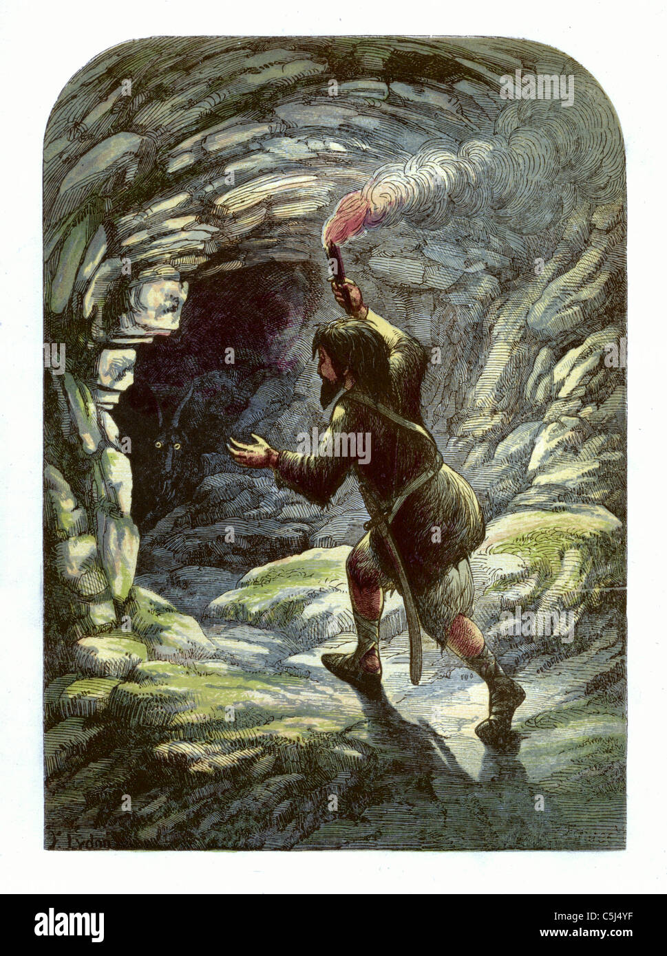 "Robinson Crusoe spaventati da una capra in una grotta' Robinson Crusoe illustrazione dal 1865 - Daniel Defoe, artista: A. F. Lydon Foto Stock