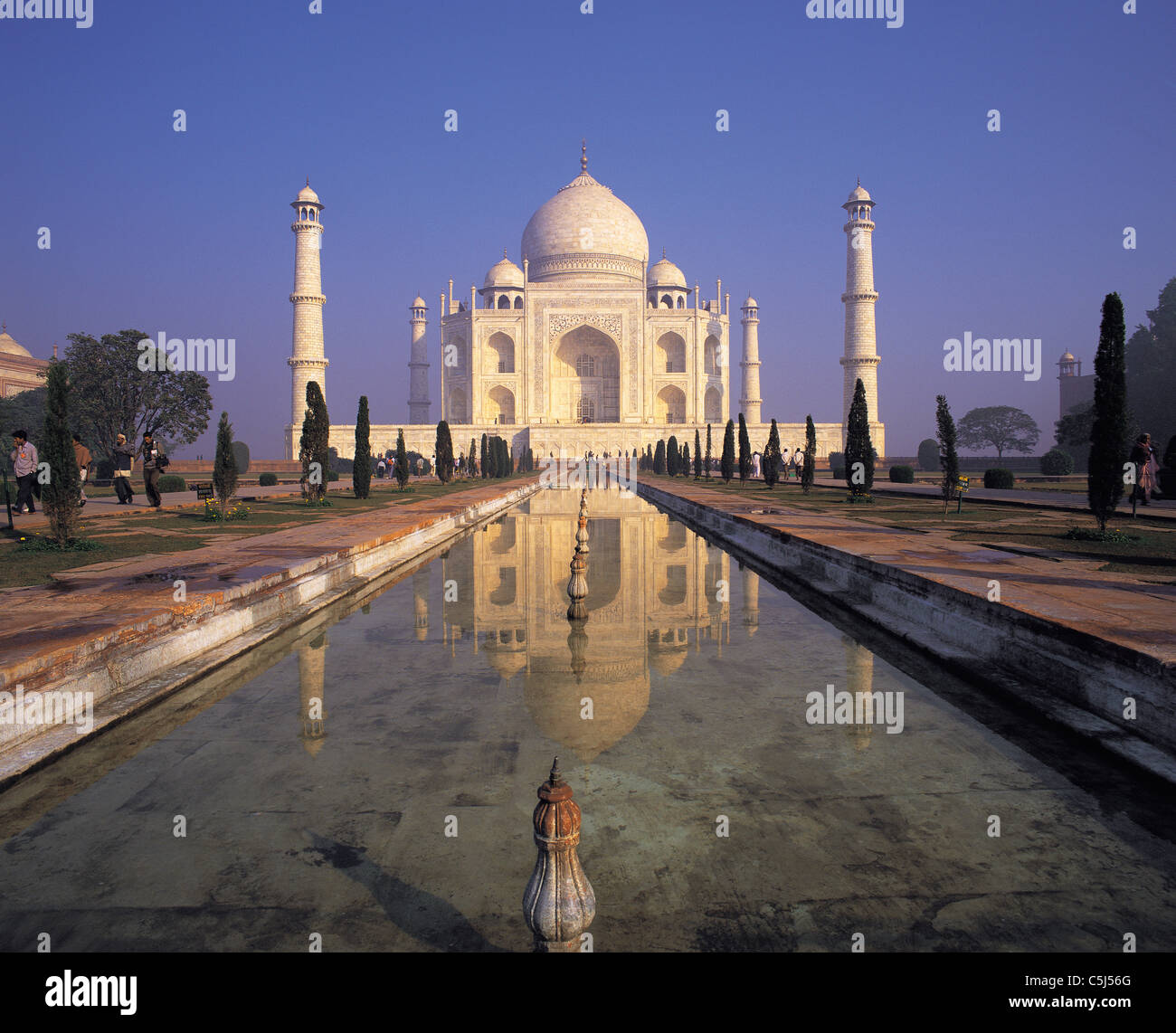 Classic al mattino presto vista del Taj Mahal riflettendo ancora in acqua; Agra, India Foto Stock