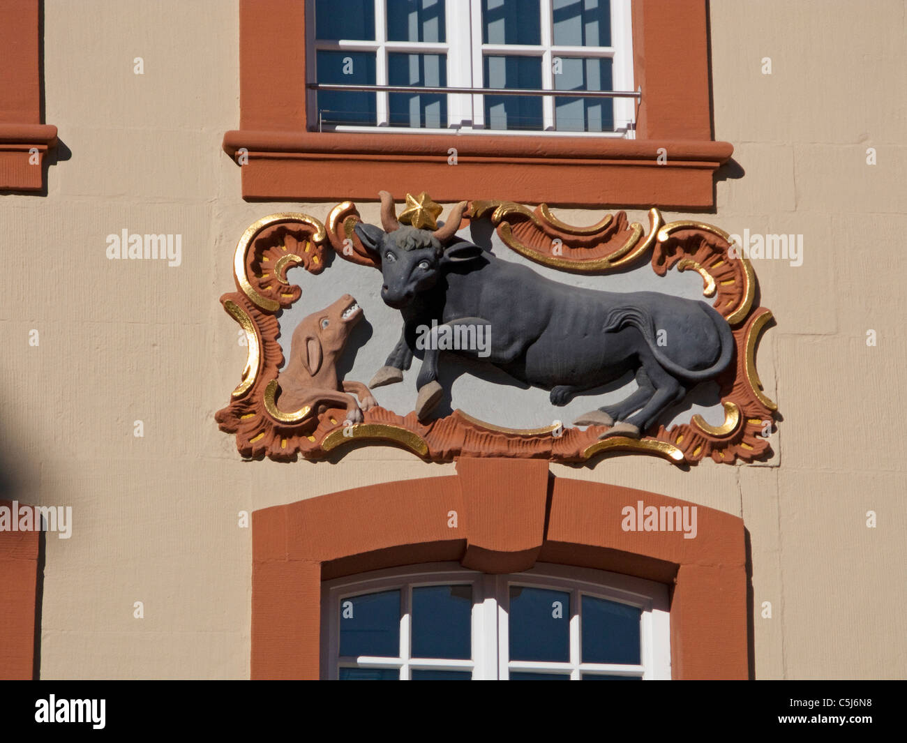Tiermotiv, Hausfassade, Haus am Hauptmarkt, decorate casa facciata, motivi zoomorfi, Bull, Foto Stock