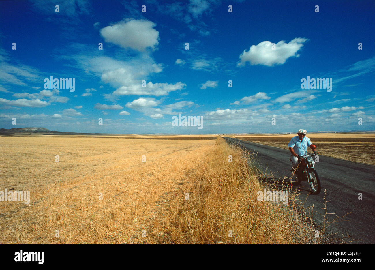 Bike-rider su una solitaria strada rurale sulle alte pianure vicino a Toledo, Spagna centrale. Foto Stock