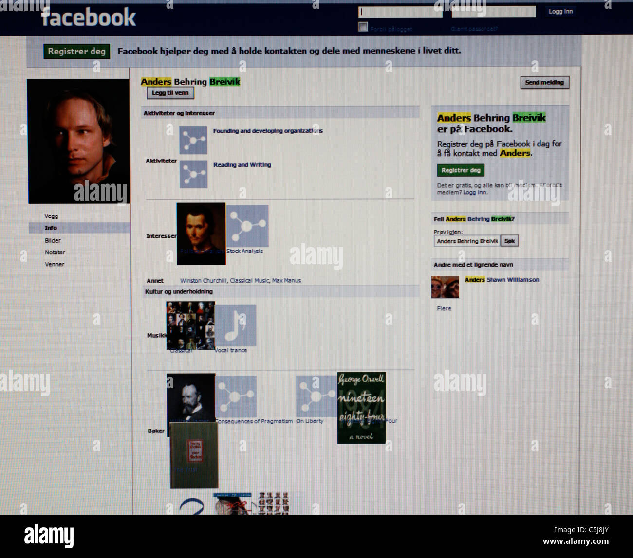 Screen shot della pagina facebook di Anders Behring Breivik il principale sospetto in attentati dinamitardi e tiri in Norvegia Foto Stock